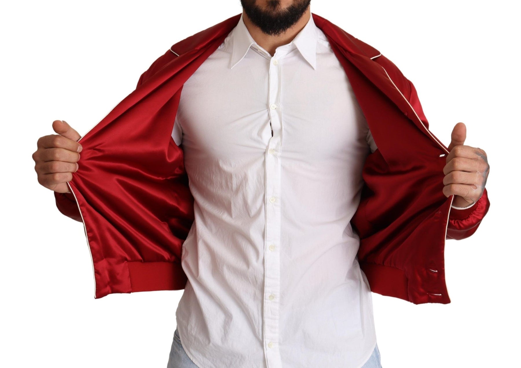 Dolce & Gabbana Red Silk Button DG Logo Bomber Jacket | Regal Royce