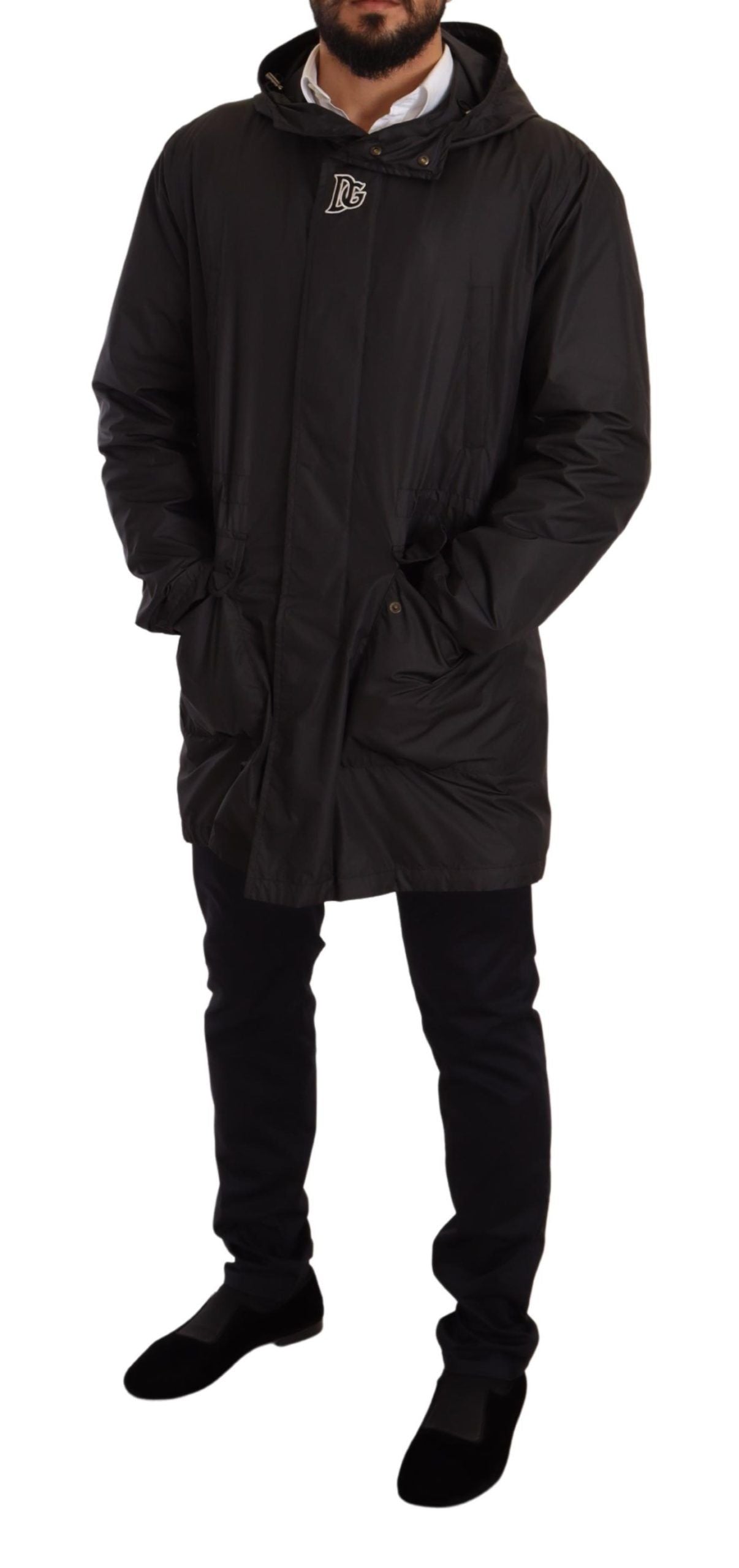 Dolce & Gabbana Black Hooded Mens Trench Coat Jacket | Regal Royce