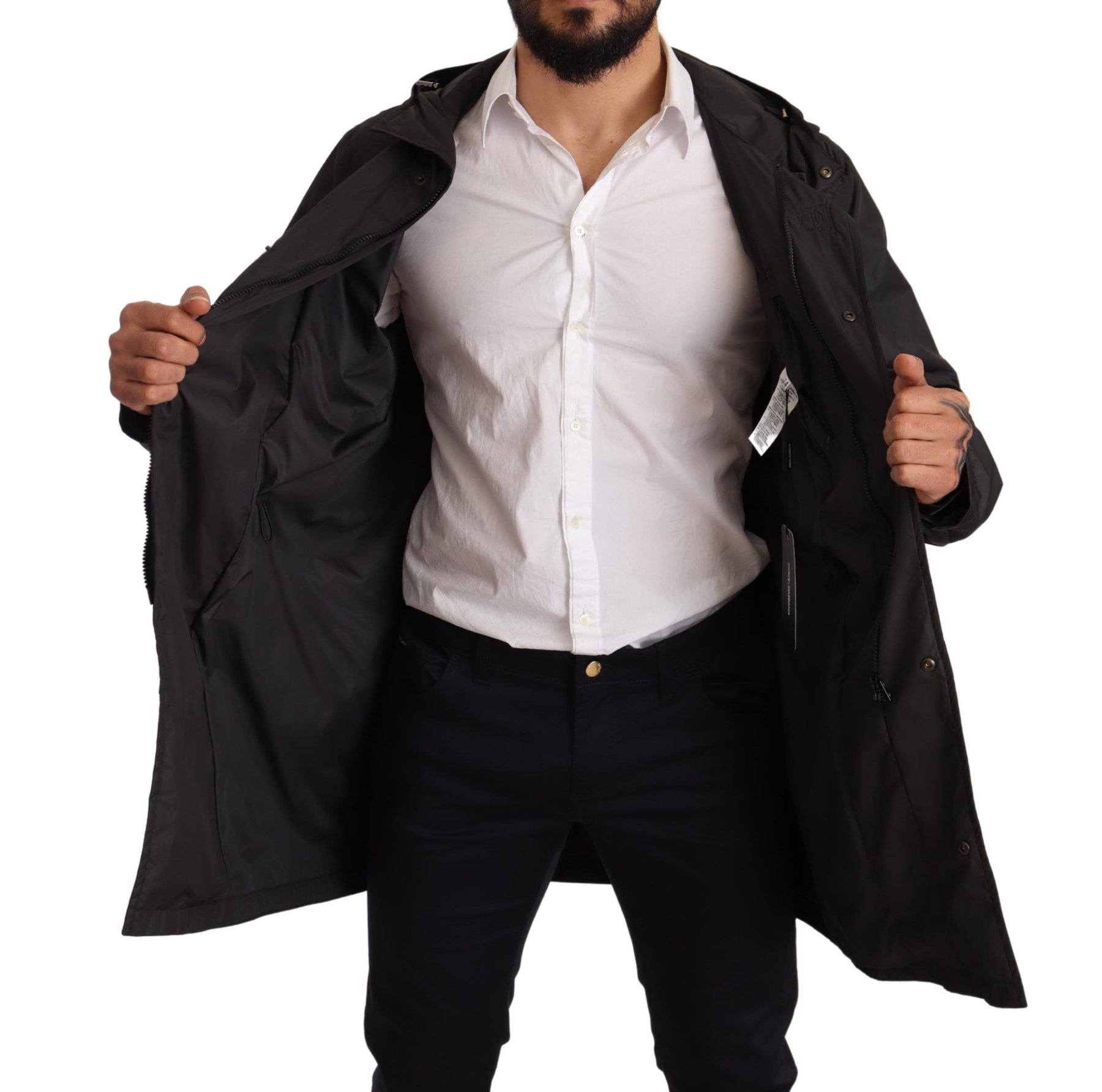 Dolce & Gabbana Black Hooded Mens Trench Coat Jacket | Regal Royce