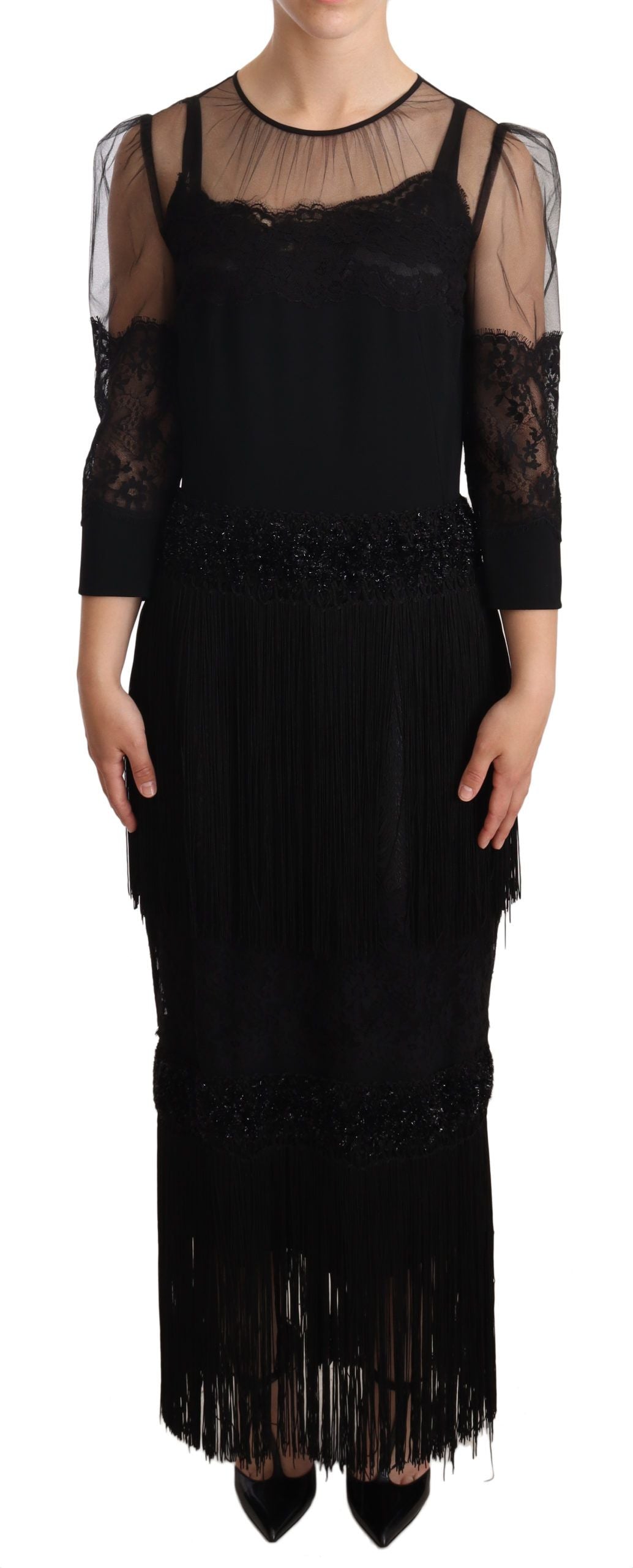 Dolce & Gabbana Black Sheer Floral Lace Crystal Maxi Dress | Regal Royce