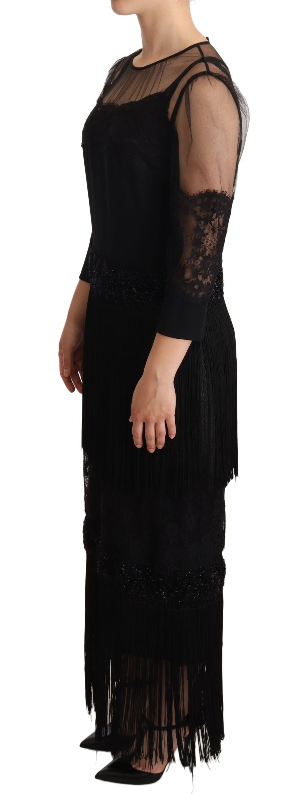 Dolce & Gabbana Black Sheer Floral Lace Crystal Maxi Dress | Regal Royce
