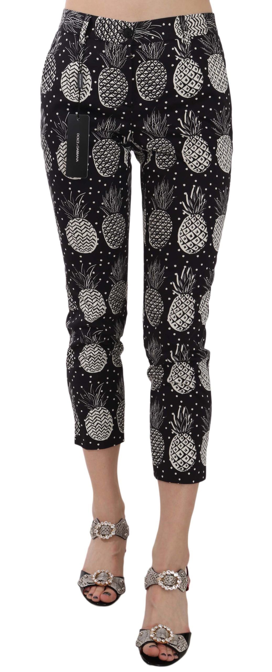 Dolce & Gabbana Black Pineapple Print Skinny Capri Pants | Regal Royce