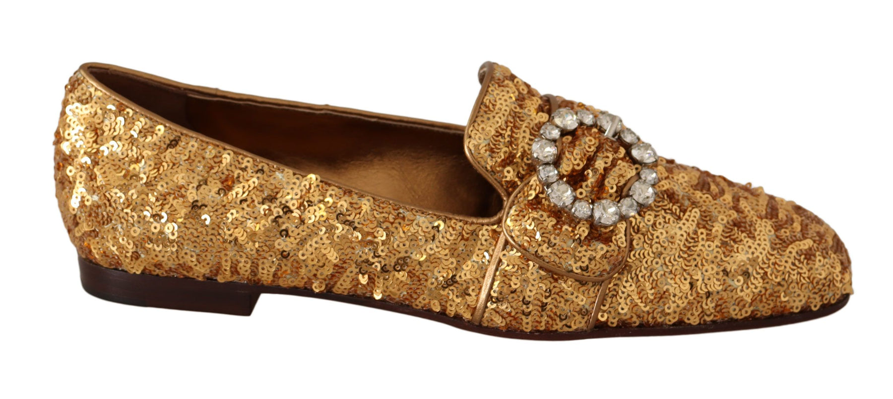 Dolce & Gabbana Gold Sequin Crystal Flat Women Loafers Shoes | Regal Royce