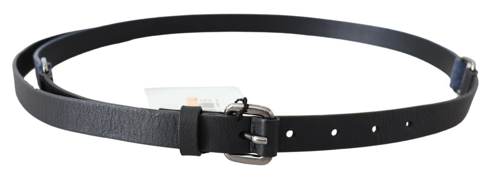 Costume National Black Blue Leather Silver Logo Belt | Regal Royce
