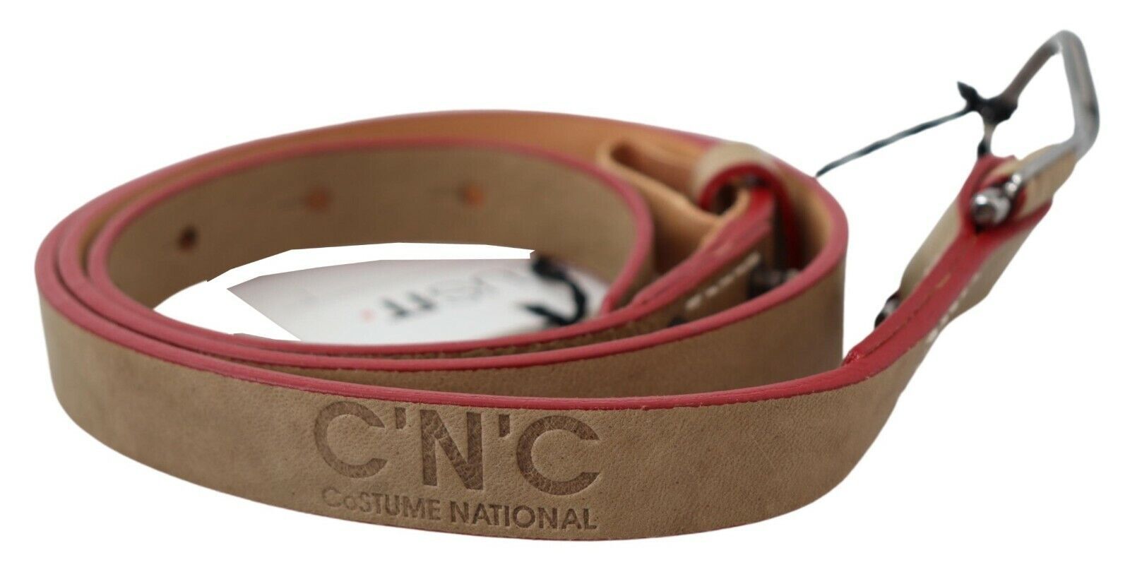 Costume National Beige Leather Silver Logo Buckle Waist Belt | Regal Royce
