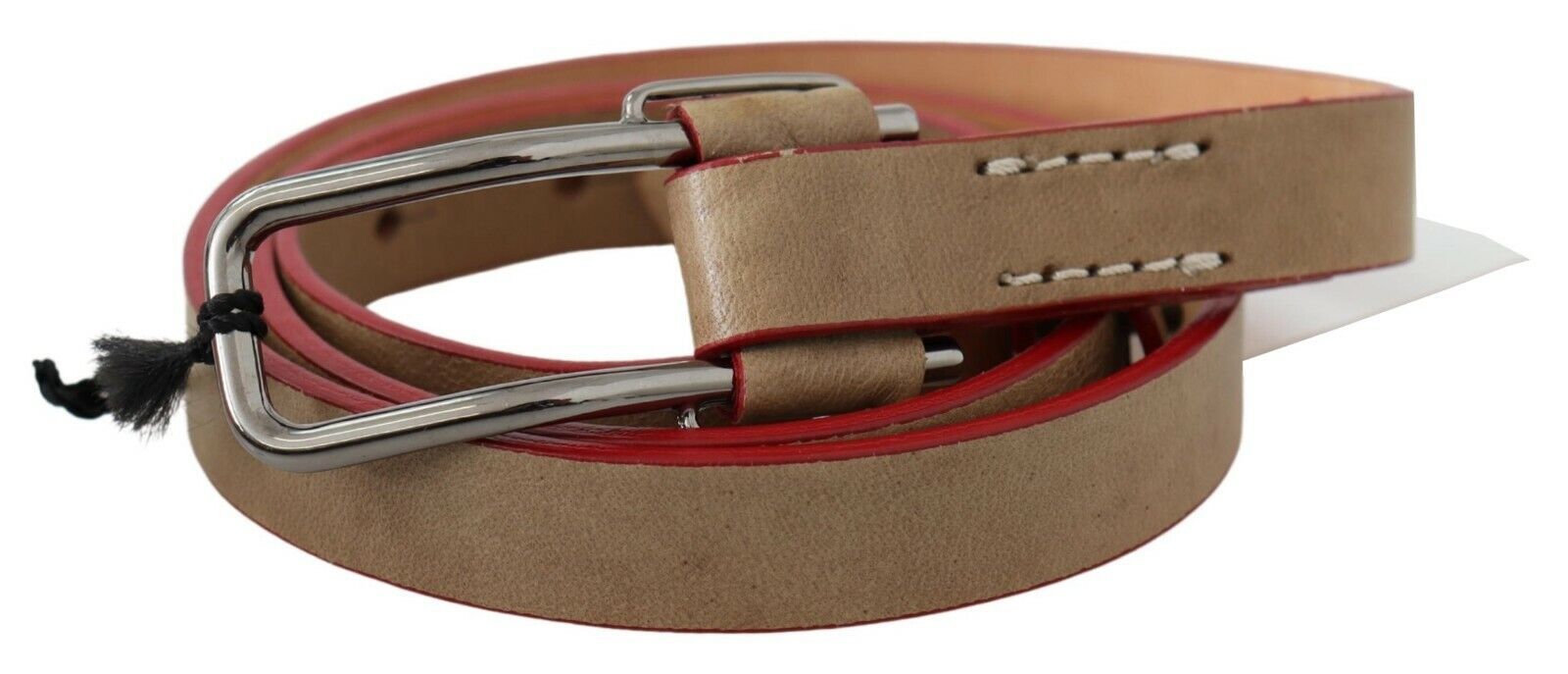 Costume National Beige Leather Silver Logo Buckle Waist Belt | Regal Royce