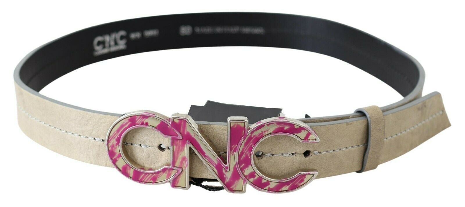 Costume National Beige Leather Pink Letter Logo Buckle Belt | Regal Royce