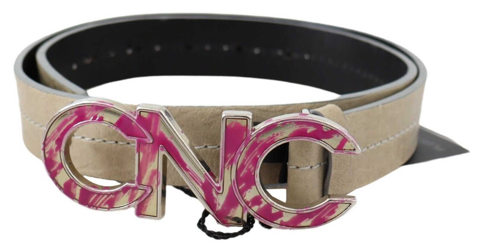 Costume National Beige Leather Pink Letter Logo Buckle Belt | Regal Royce