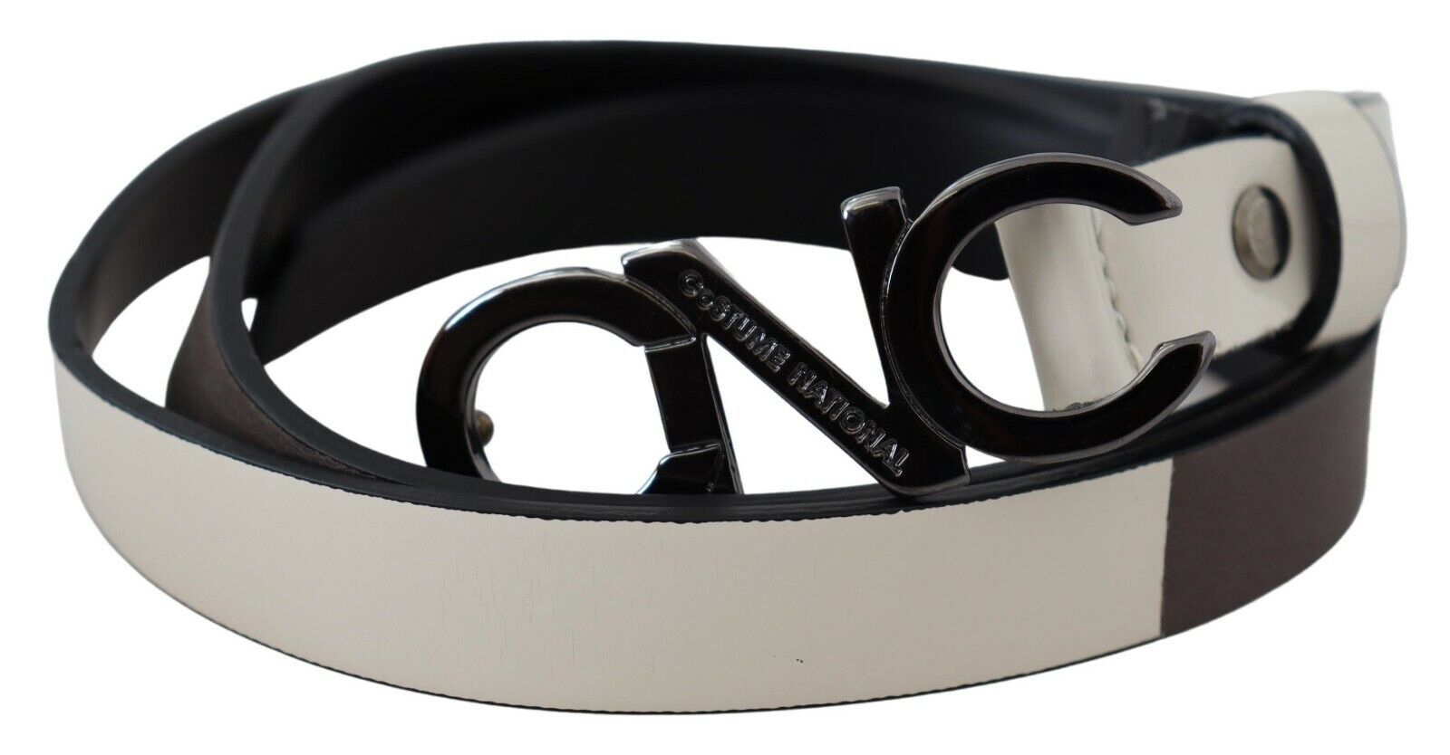 Costume National White Black Leather Letter Logo Buckle Belt | Regal Royce