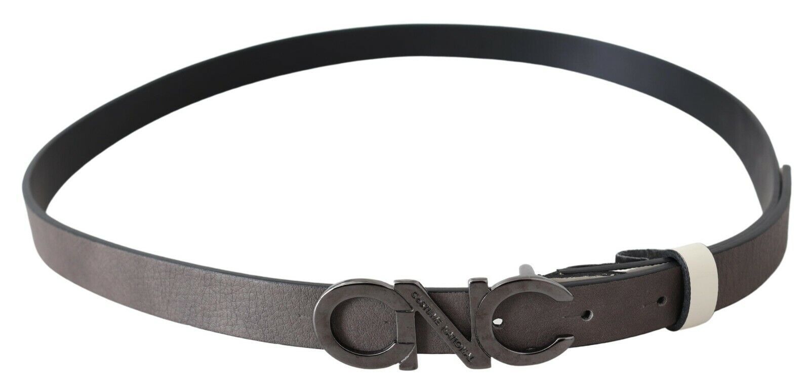 Costume National Belt Mettalic Gray Leather Logo Belt | Regal Royce