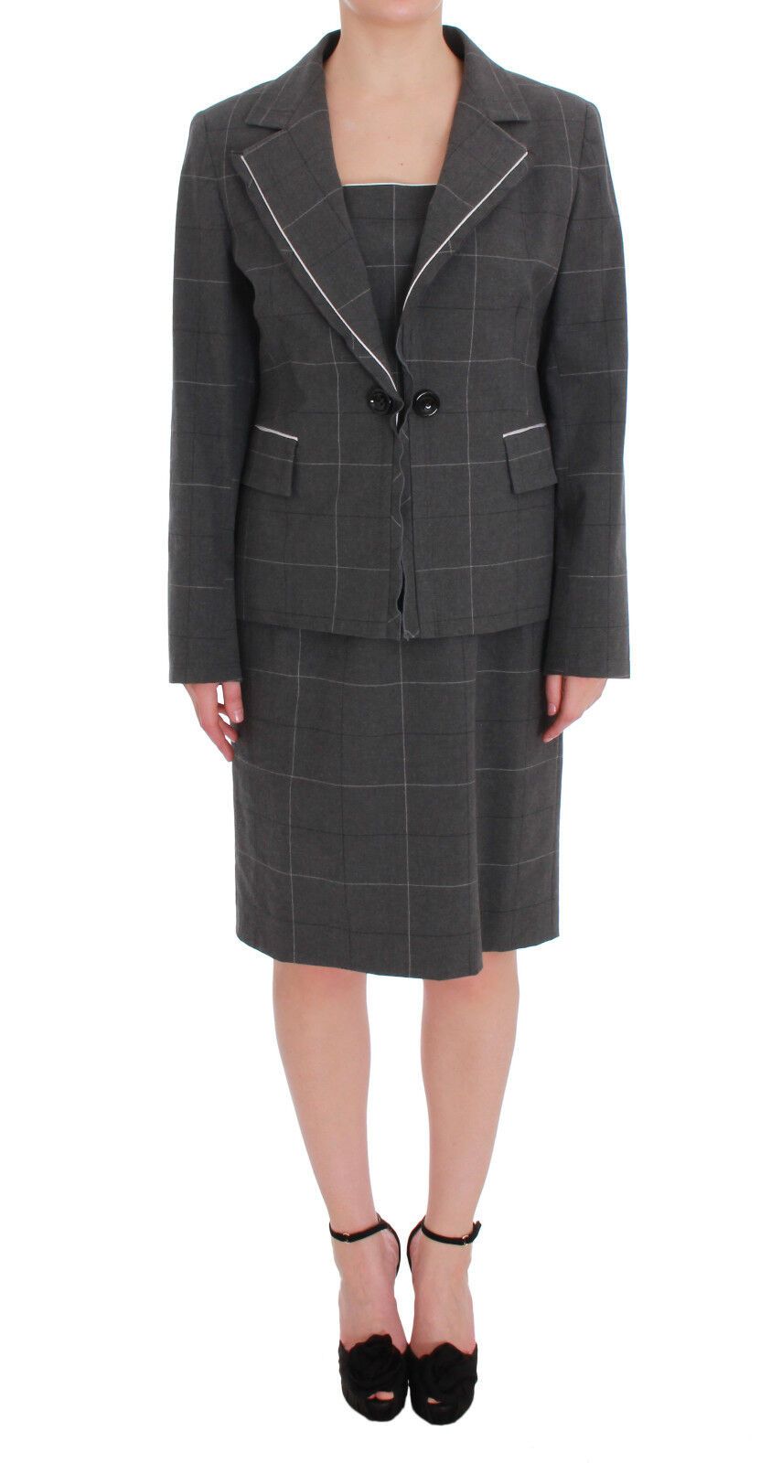 BENCIVENGA Gray Checkered Cotton Blazer Dress Set Suit | Regal Royce