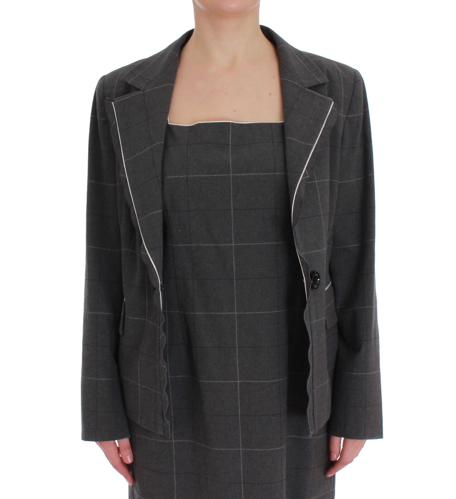 BENCIVENGA Gray Checkered Cotton Blazer Dress Set Suit | Regal Royce
