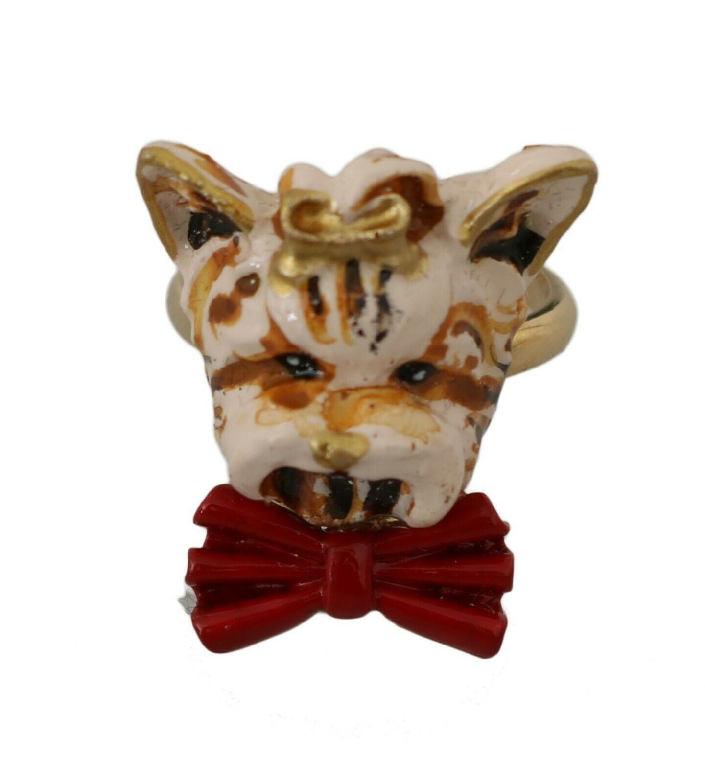 Dolce & Gabbana Gold Brass Resin Beige Dog Pet Branded Accessory Ring | Regal Royce