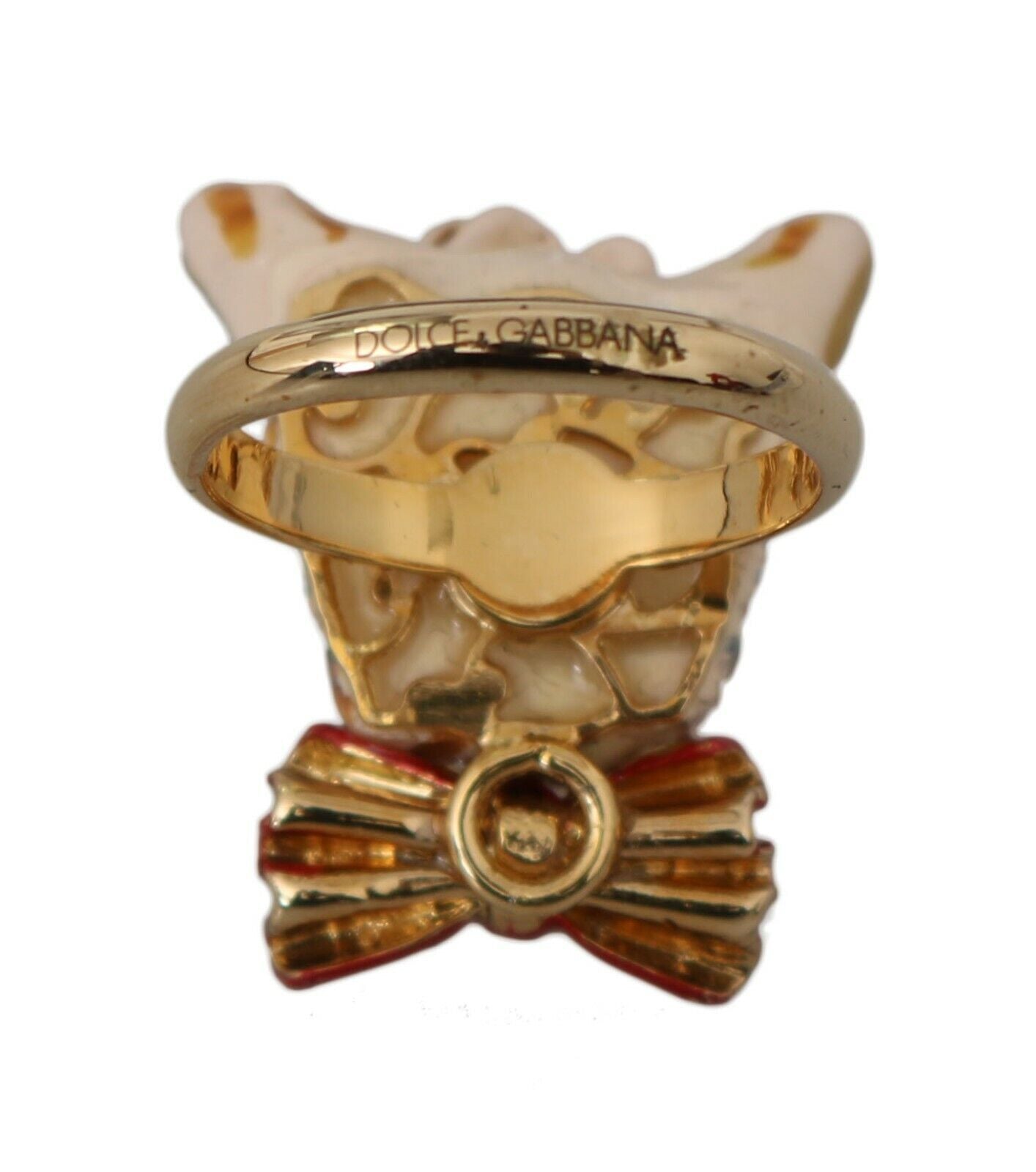 Dolce & Gabbana Gold Brass Resin Beige Dog Pet Branded Accessory Ring | Regal Royce