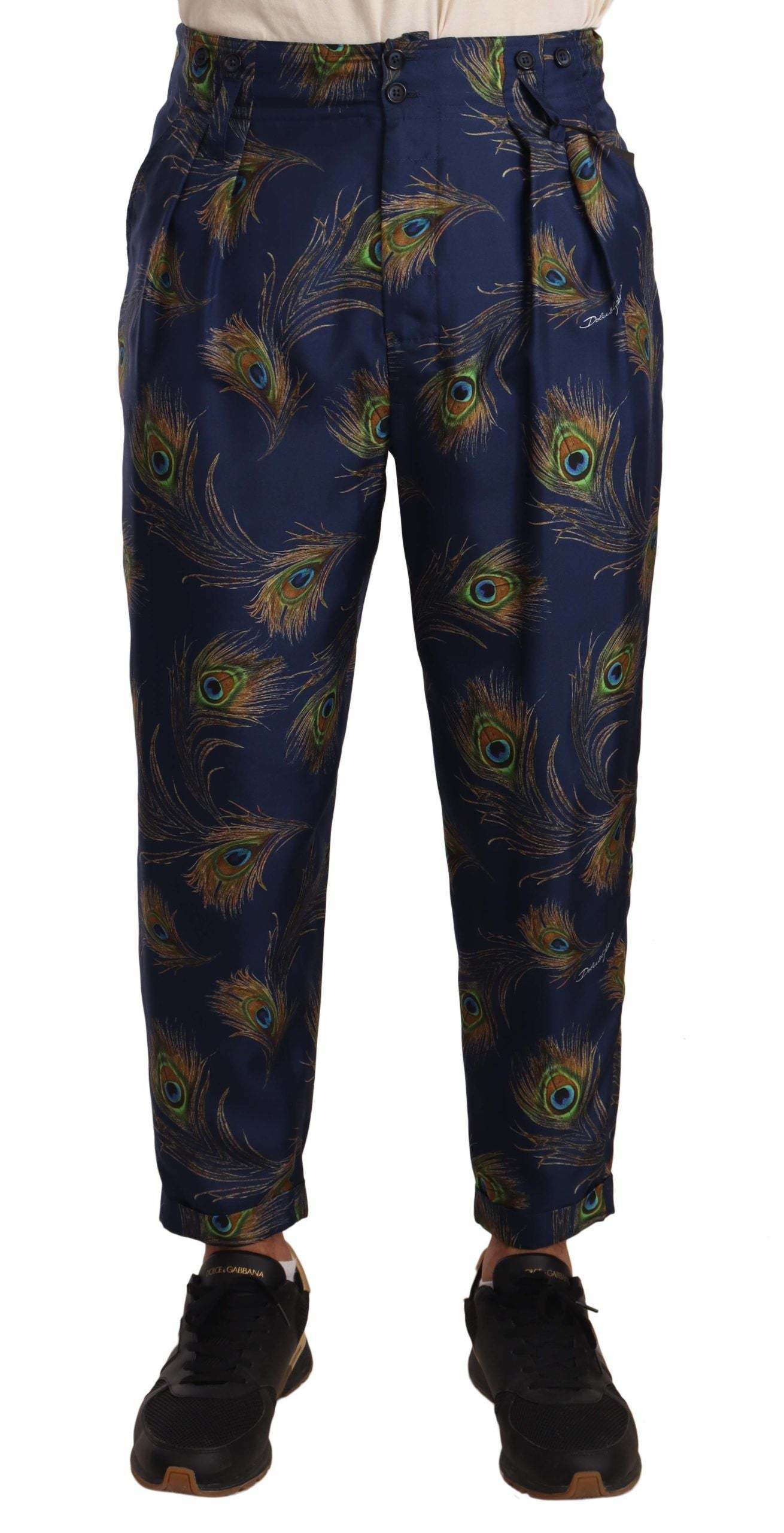 Dolce & Gabbana Blue Peacock Print Tapered Trousers Silk Pants | Regal Royce