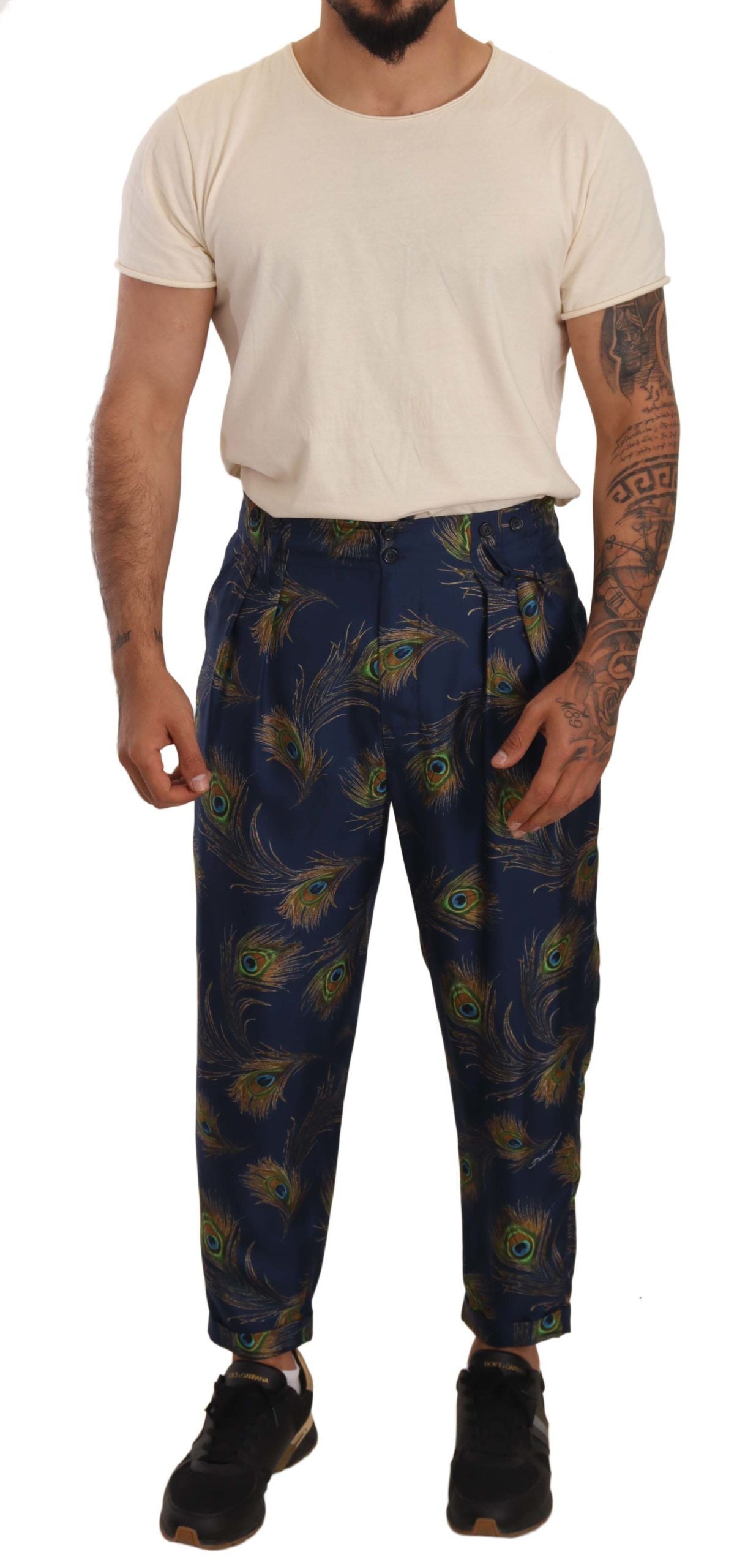 Dolce & Gabbana Blue Peacock Print Tapered Trousers Silk Pants | Regal Royce