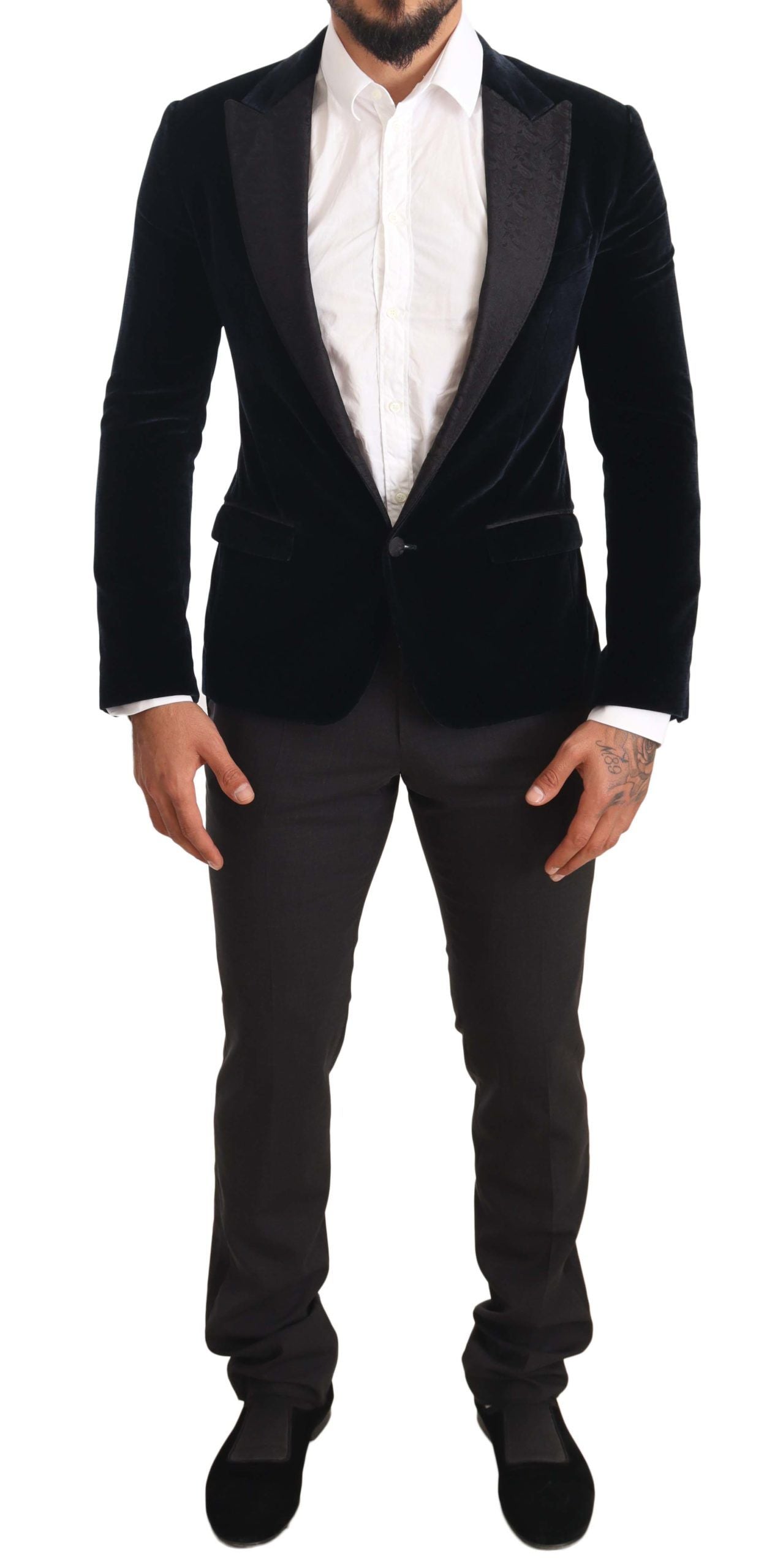 Dolce & Gabbana Blue Velvet Cotton Slim Fit Smoking Suit | Regal Royce