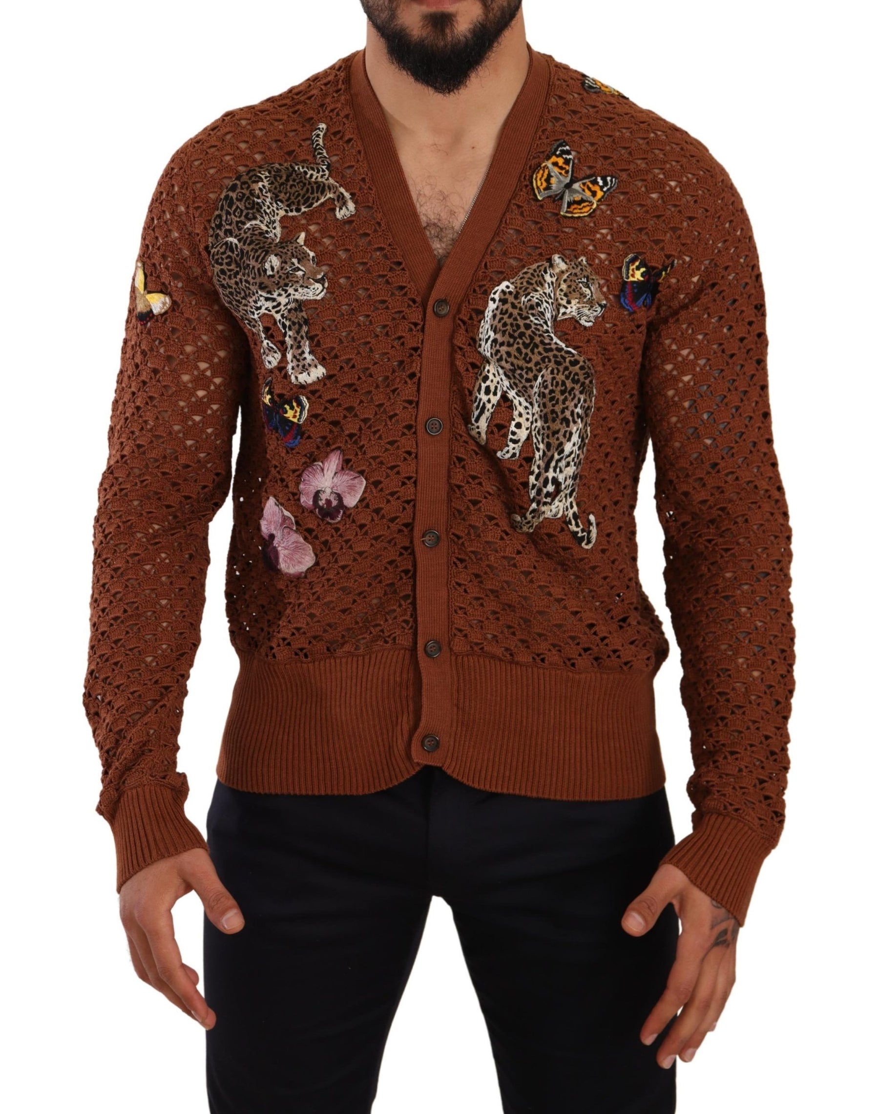 Dolce & Gabbana Brown Leopard Butterfly Cardigan Sweater | Regal Royce