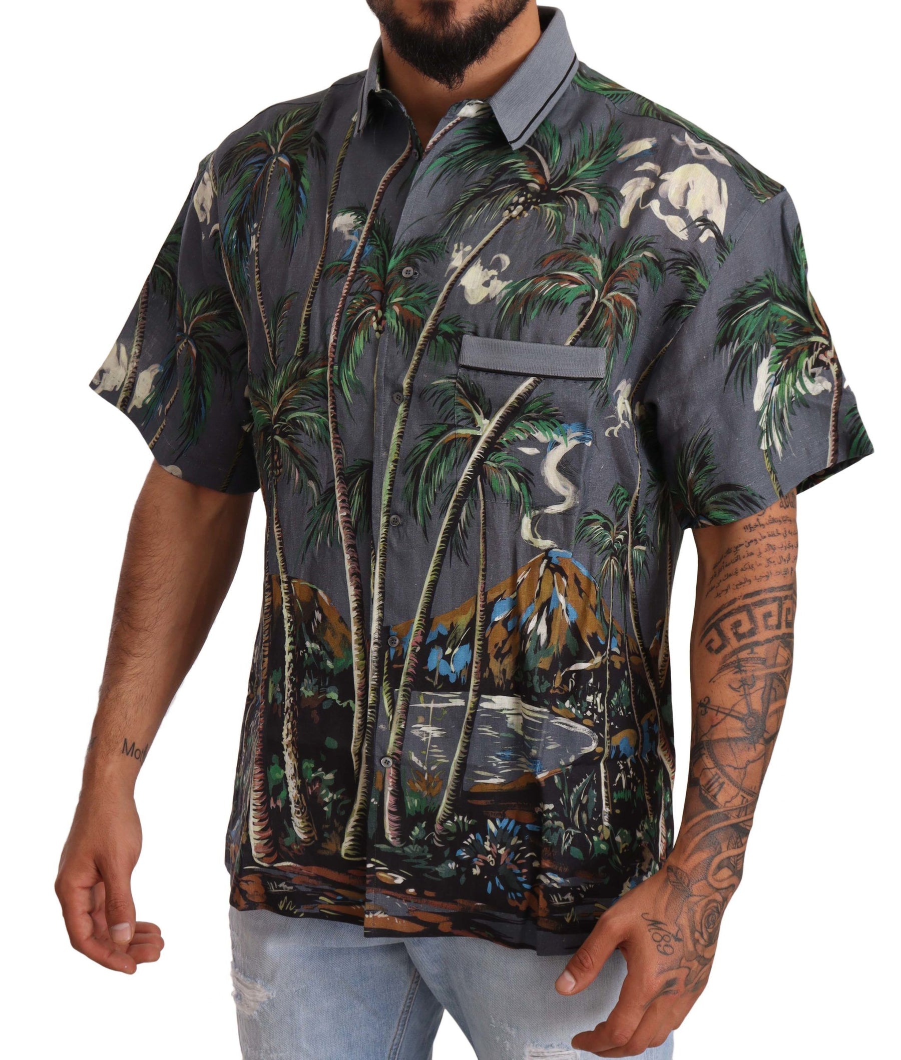 Dolce & Gabbana Gray Linen Tropical Print Collared Shirt | Regal Royce