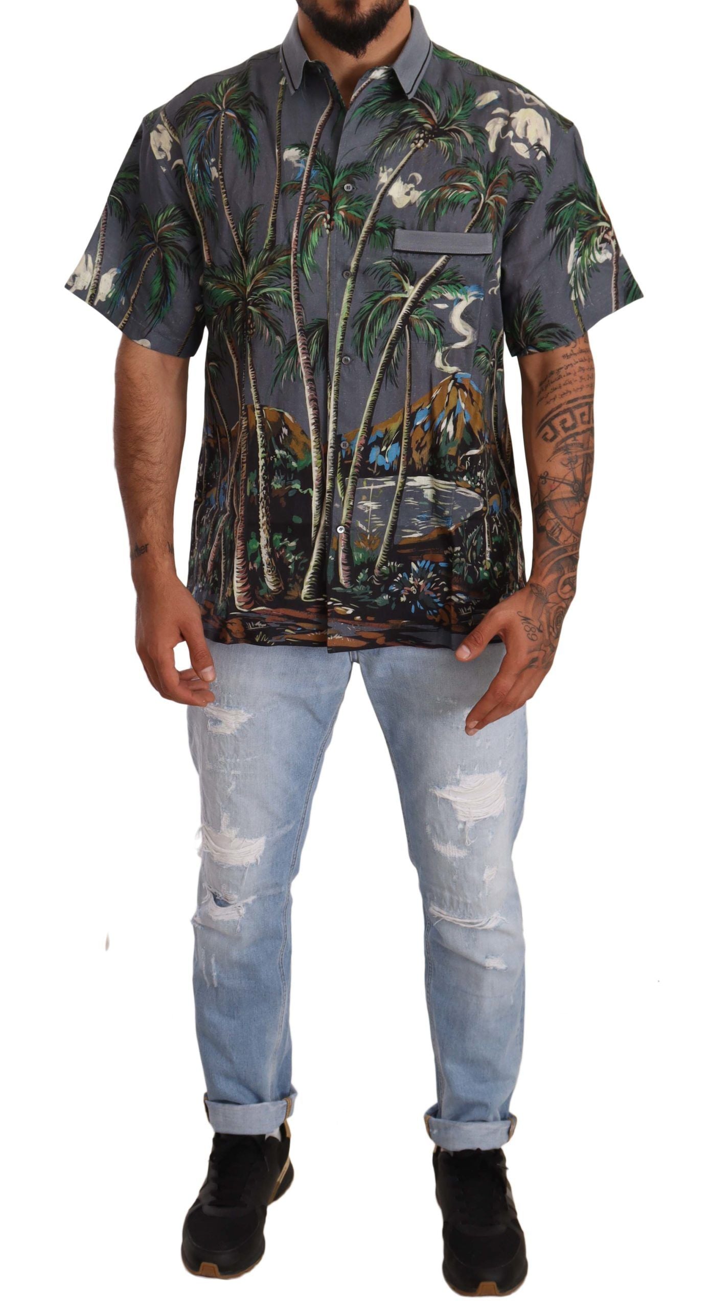 Dolce & Gabbana Gray Linen Tropical Print Collared Shirt | Regal Royce
