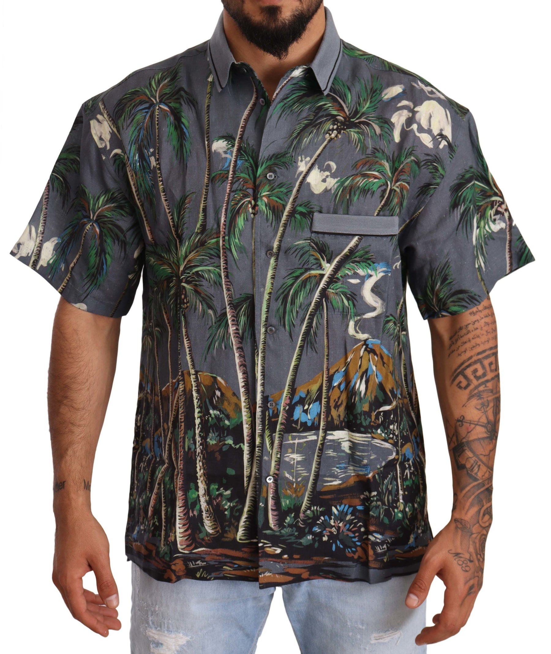 Dolce & Gabbana Gray Linen Tropical Print Collared Shirt | Regal Royce