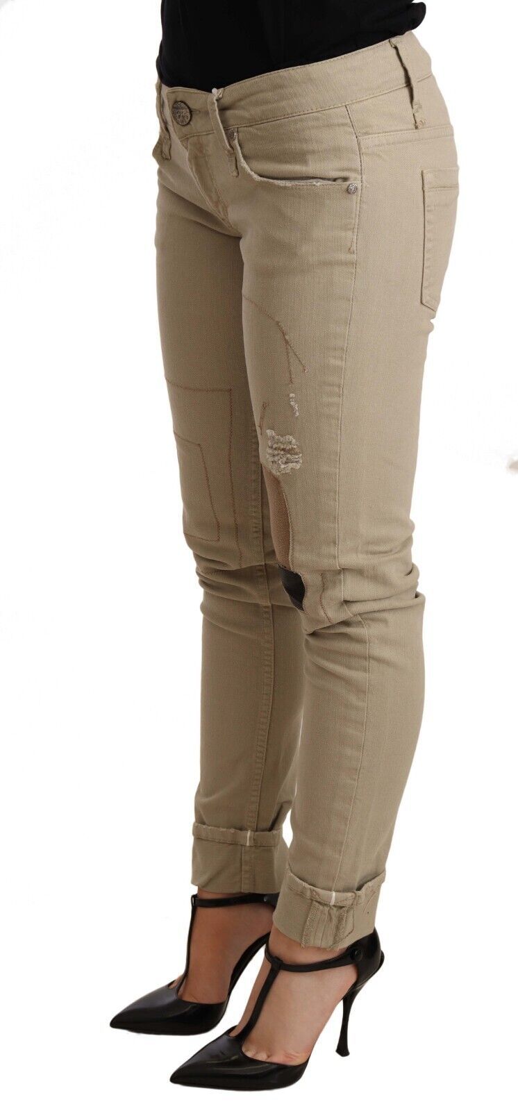 Acht Beige Denim Cotton Bottom Slim Fit Folded Pant | Regal Royce