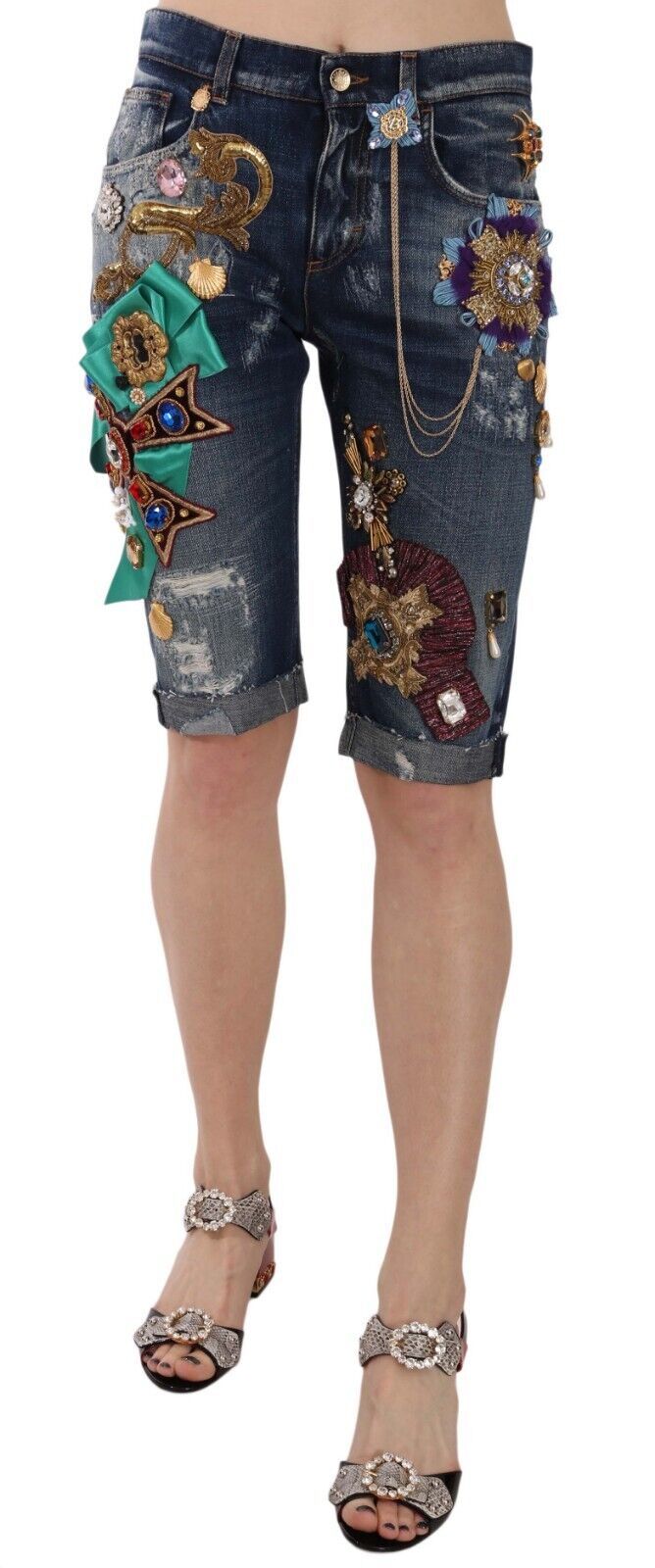 Dolce & Gabbana Blue Denim Mid Waist Crystal Capri Shorts | Regal Royce
