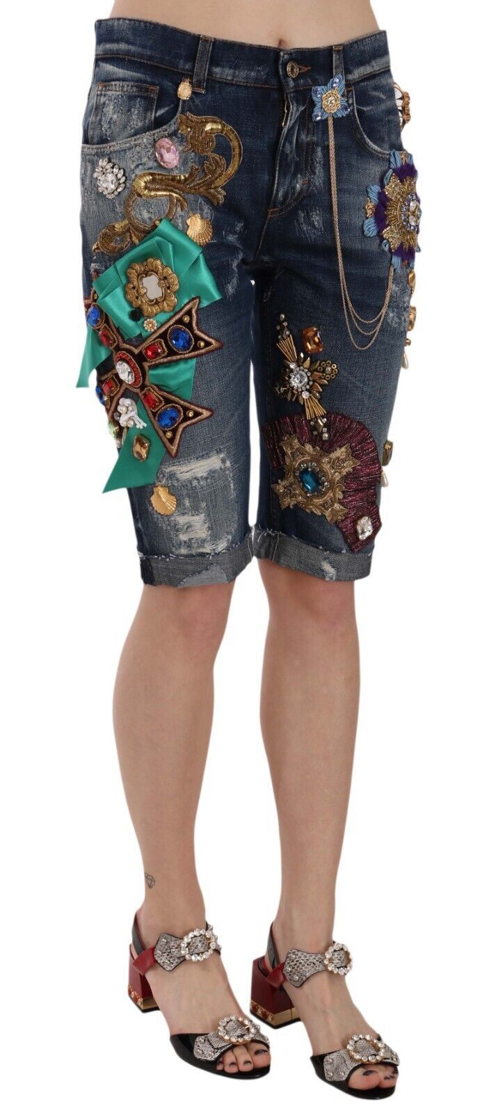 Dolce & Gabbana Blue Denim Mid Waist Crystal Capri Shorts | Regal Royce