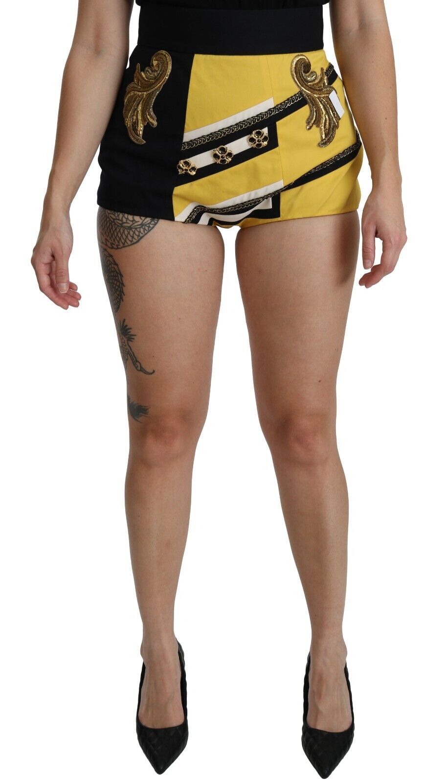 Dolce & Gabbana Yellow Black Cotton Jewelled Hot Pants Shorts | Regal Royce
