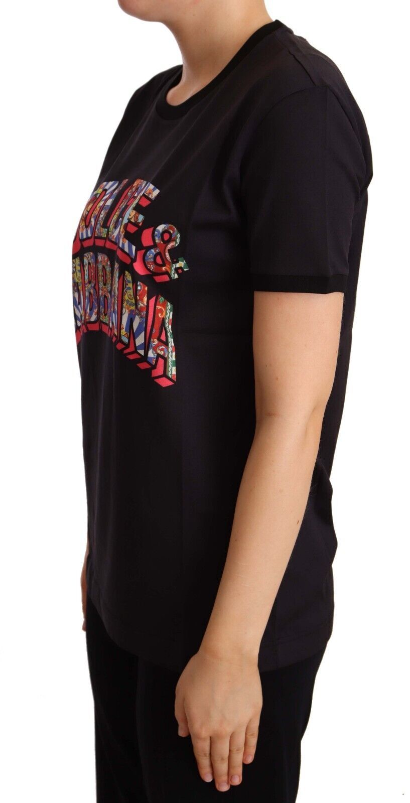 Dolce & Gabbana Black Cotton Large Print Top Crewneck T-shirt | Regal Royce
