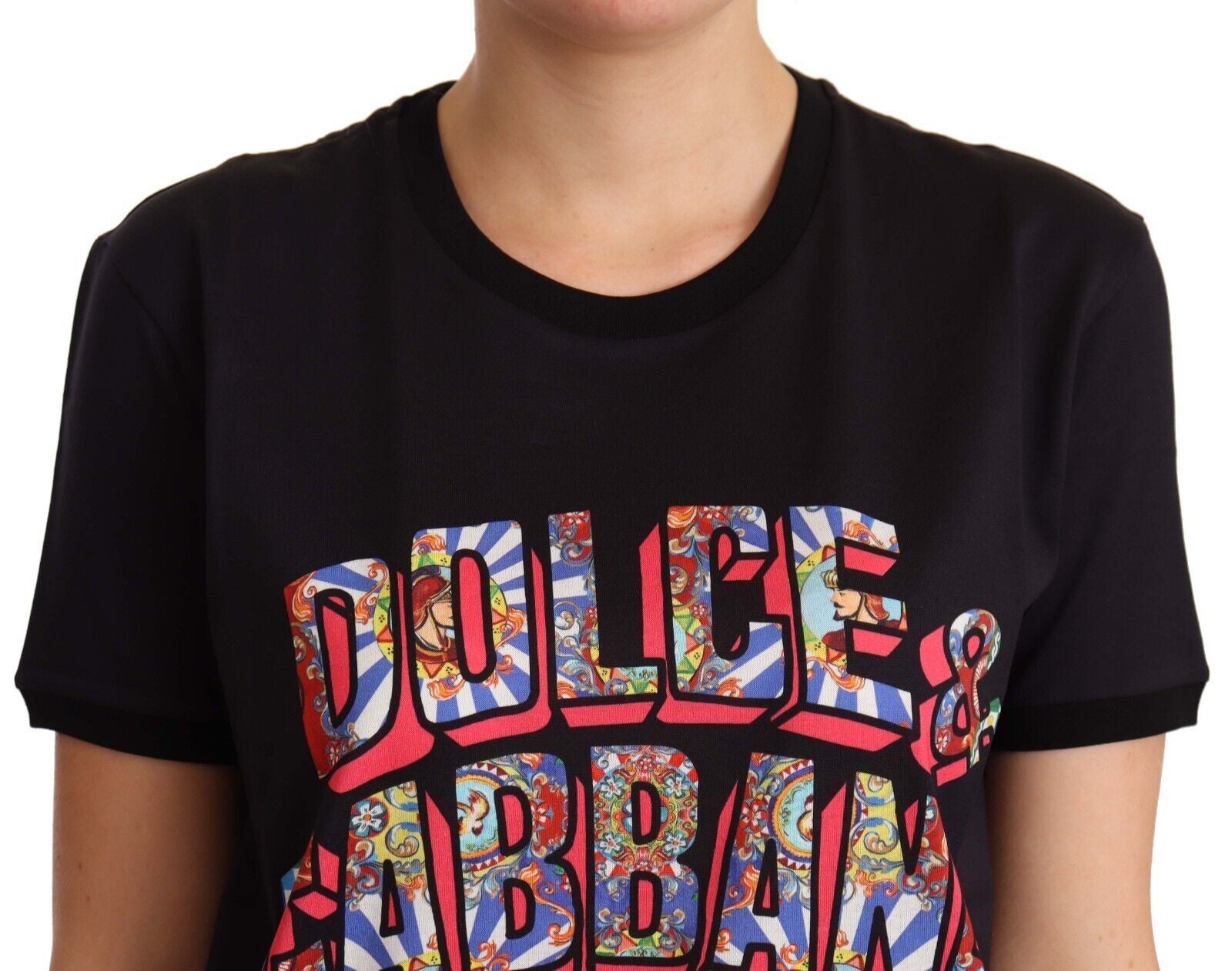 Dolce & Gabbana Black Cotton Large Print Top Crewneck T-shirt | Regal Royce