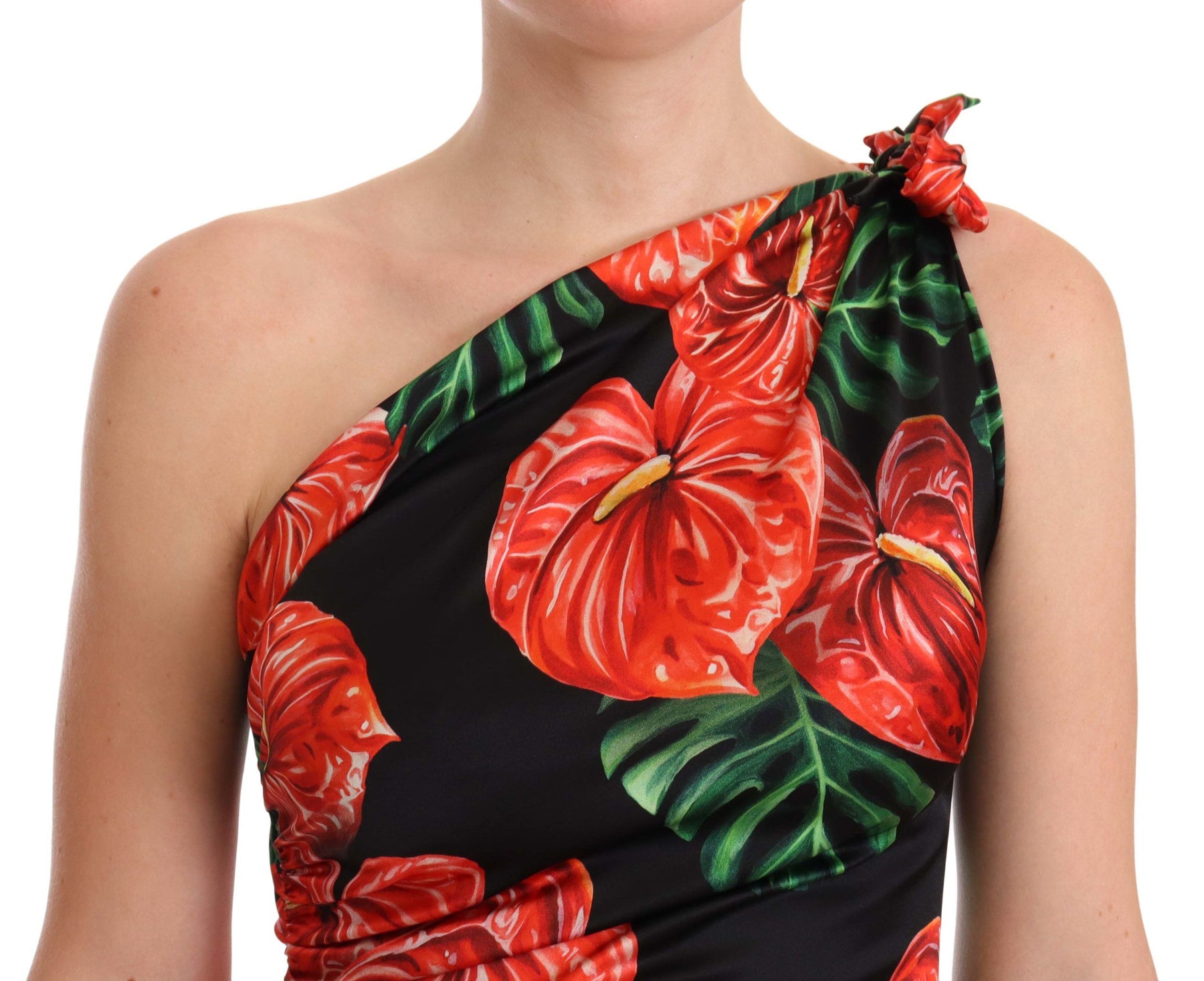 Dolce & Gabbana Black Shiny Silk Floral Print Draped Dress | Regal Royce