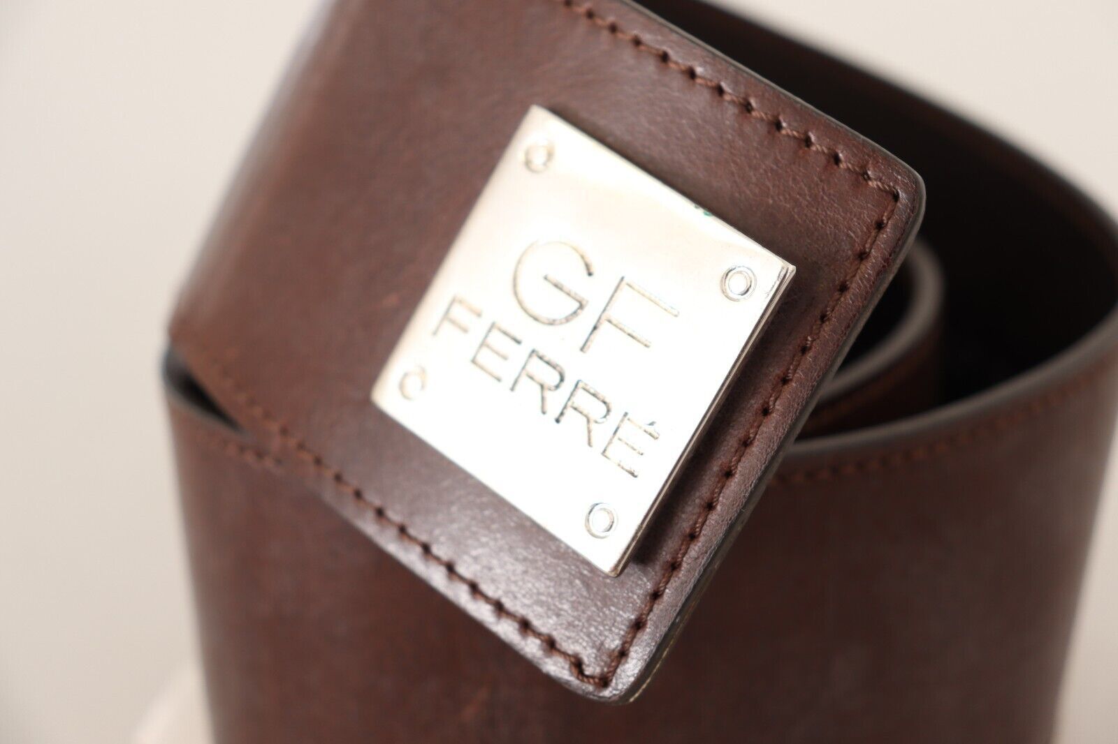 GF Ferre Brown Genuine Leather Wide Logo Buckle Waist Belt | Regal Royce