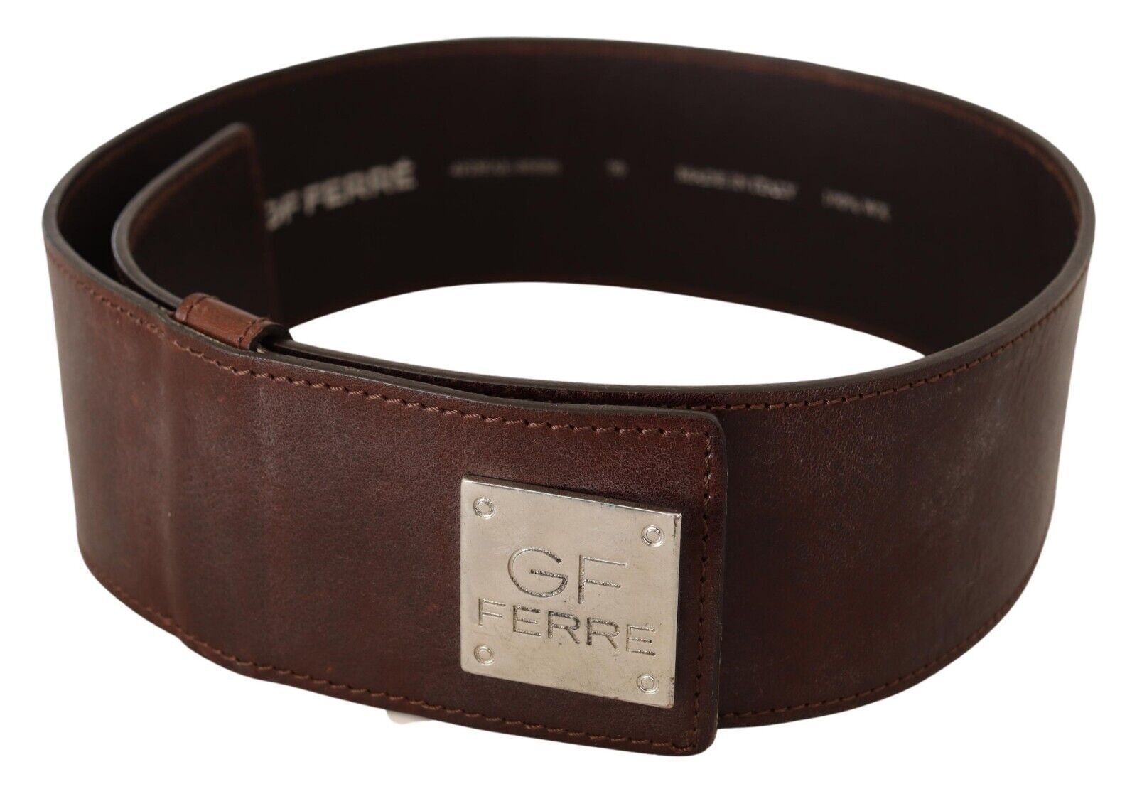 GF Ferre Brown Genuine Leather Wide Logo Buckle Waist Belt | Regal Royce