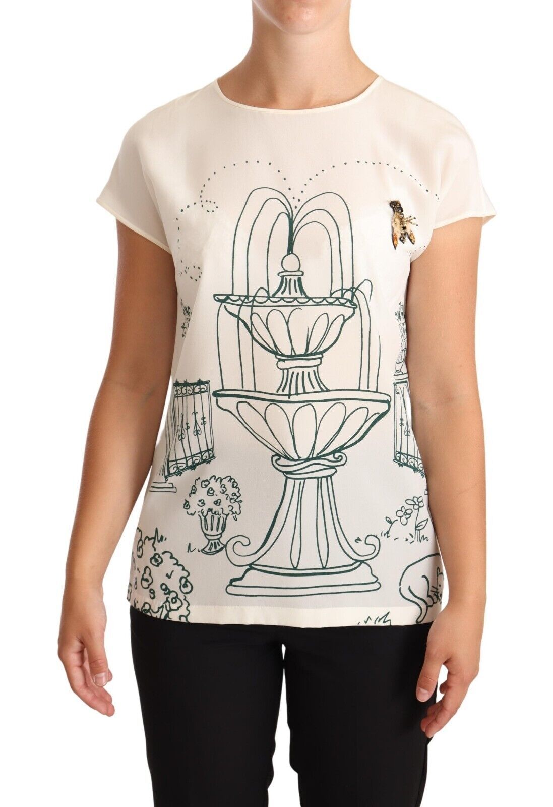 Dolce & Gabbana White Silk Garden Fountain T-Shirt Blouse | Regal Royce
