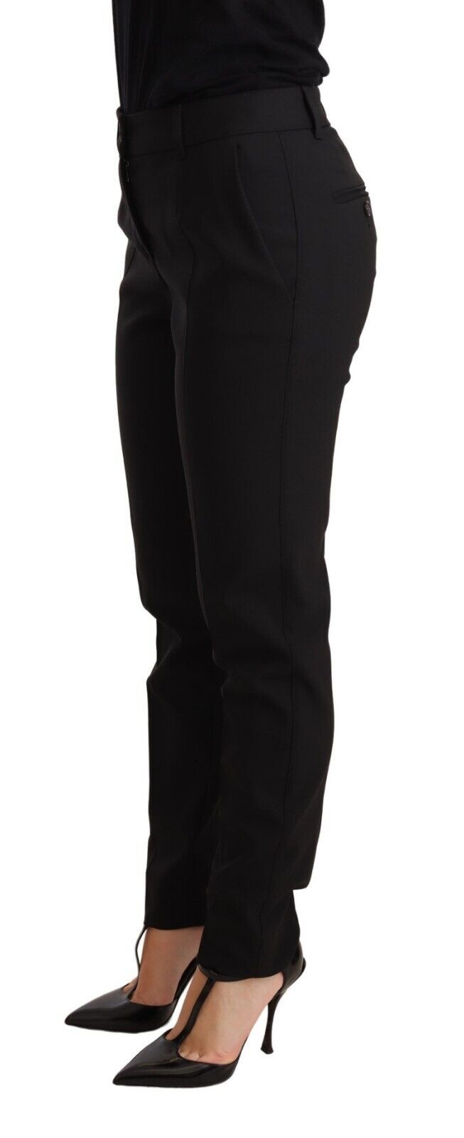 Dolce & Gabbana Black Tapered Women Trouser Virgin Wool Pants | Regal Royce