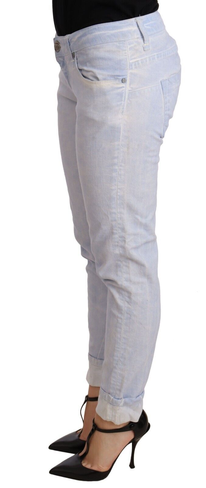 Acht Light Blue Cotton Folded Hem Denim Skinny Women Trouser Jeans | Regal Royce
