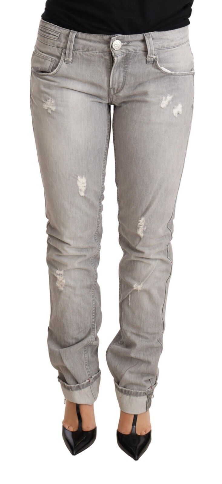 Acht Gray Tattered Cotton Slim Fit Folded Hem Women Denim Jeans | Regal Royce