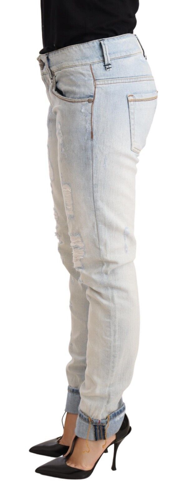 Acht Light Blue Distressed Cotton Folded Hem Denim Trouser Jeans | Regal Royce
