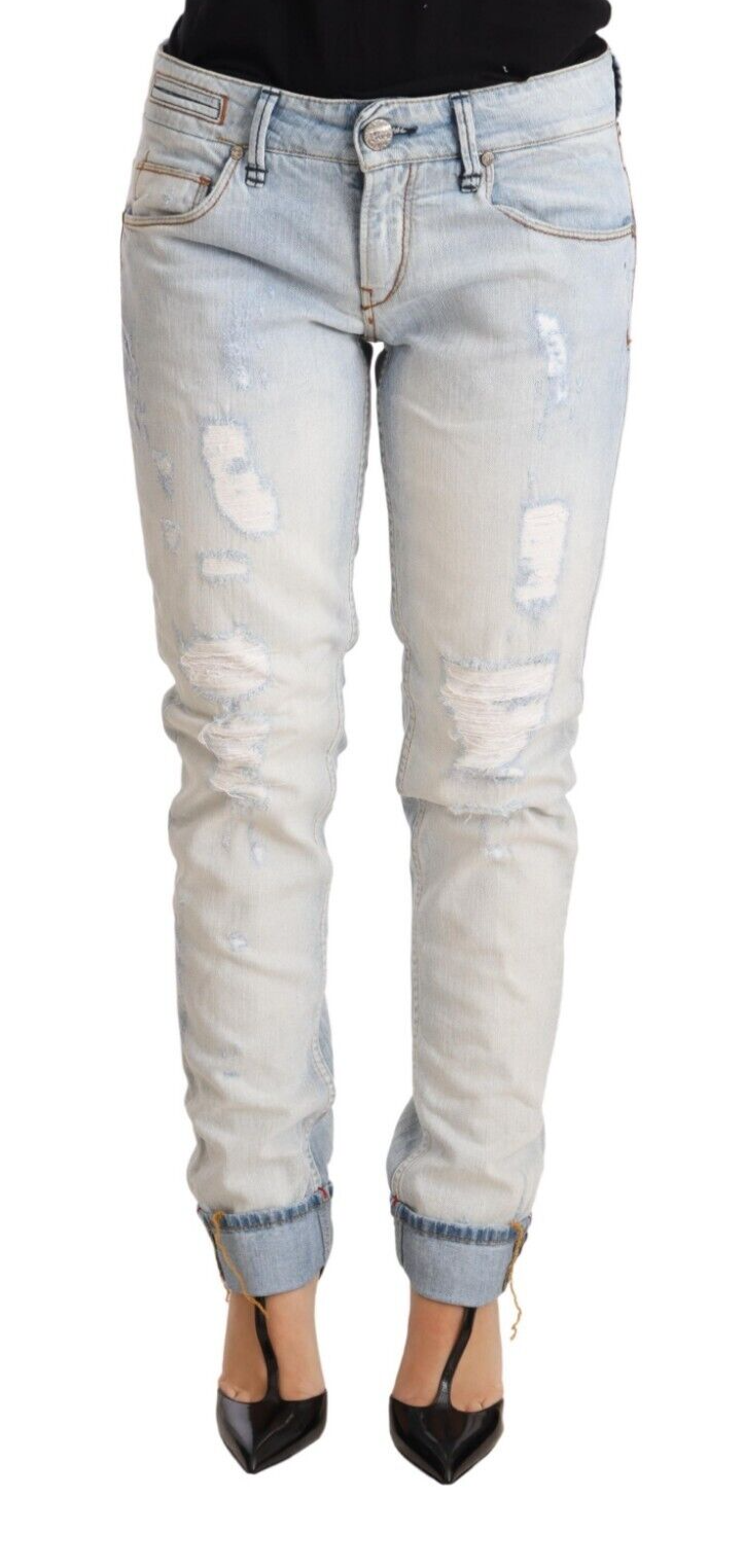 Acht Light Blue Distressed Cotton Folded Hem Denim Trouser Jeans | Regal Royce
