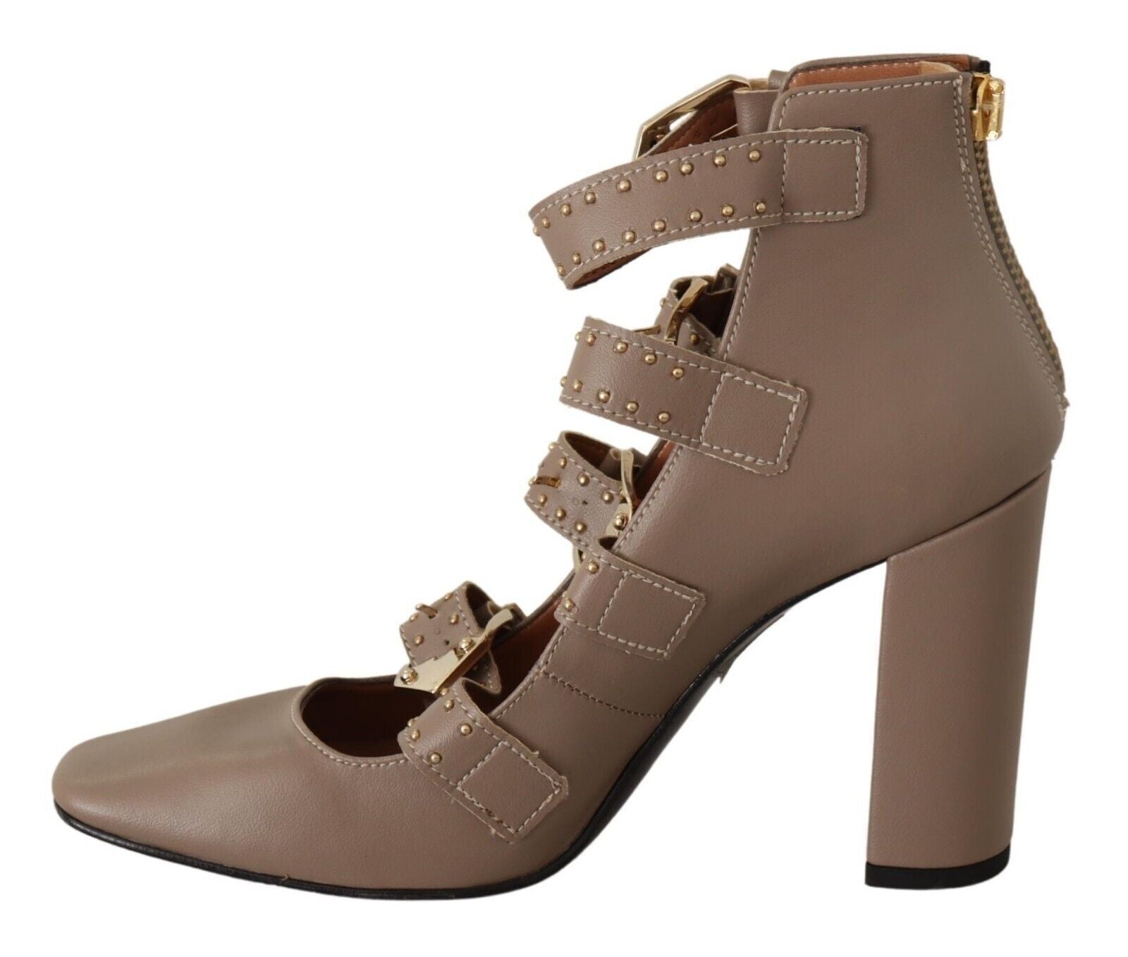 MY TWIN Brown Leather Block Heels Multi Buckle Pumps Shoes | Regal Royce
