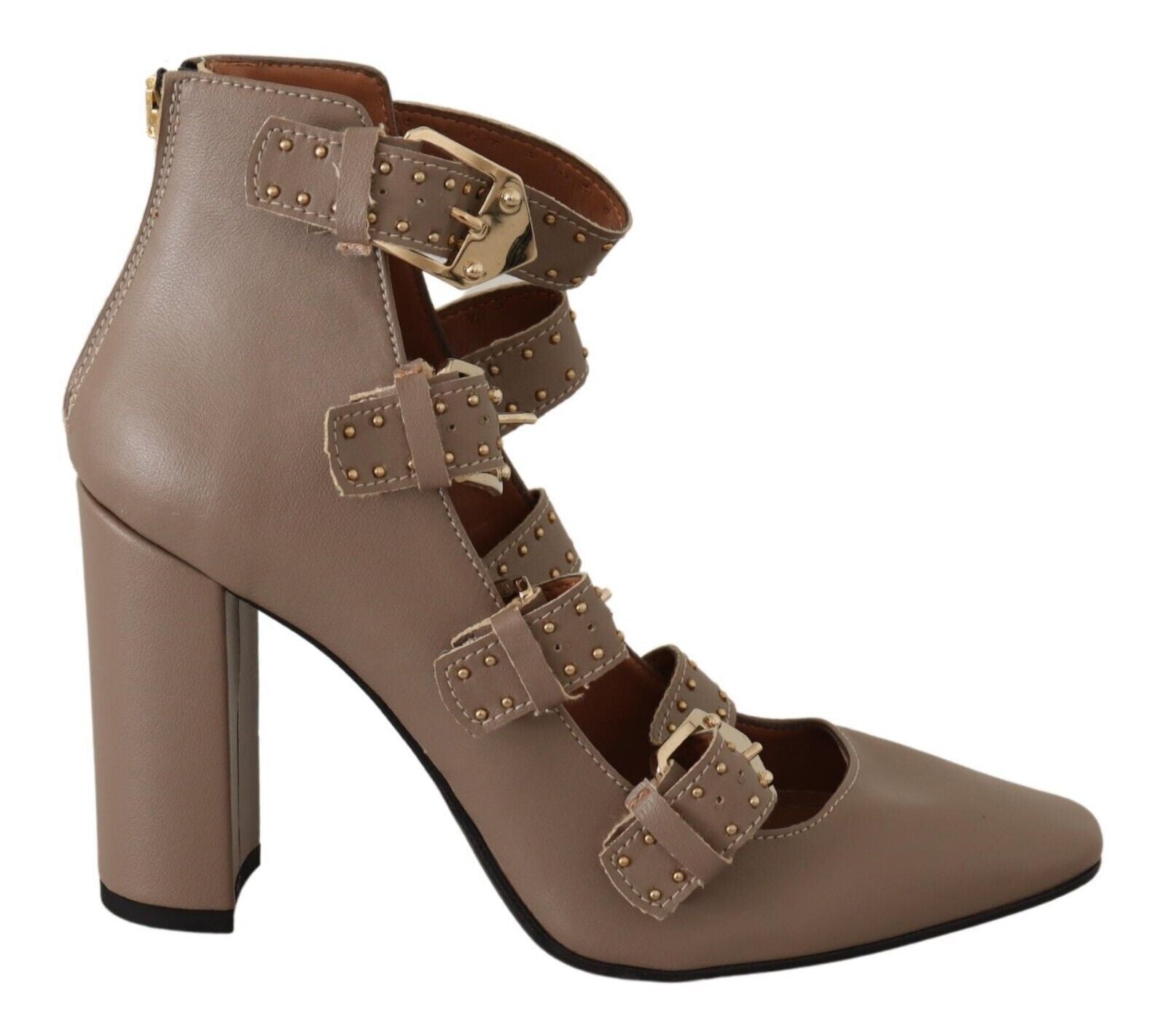 MY TWIN Brown Leather Block Heels Multi Buckle Pumps Shoes | Regal Royce
