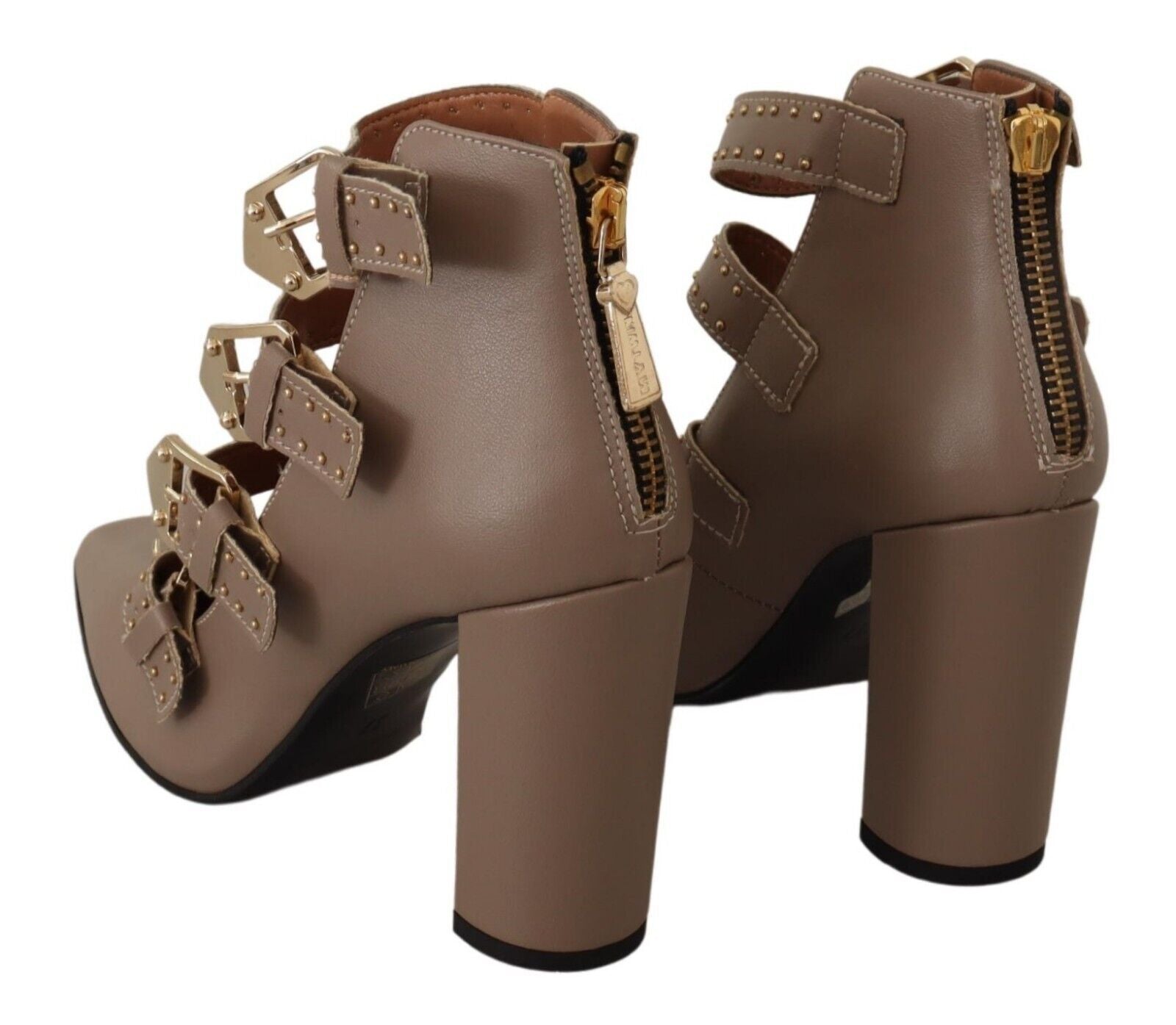 MY TWIN Brown Leather Block Heels Multi Buckle Pumps Shoes | Regal Royce