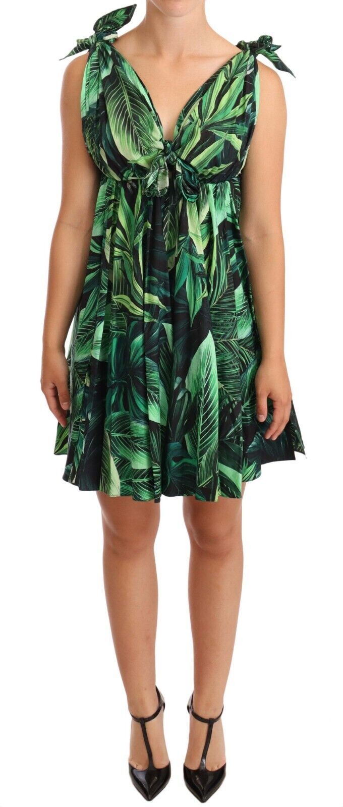 Dolce & Gabbana Green Leaves Print Cotton Flared Mini Dress | Regal Royce