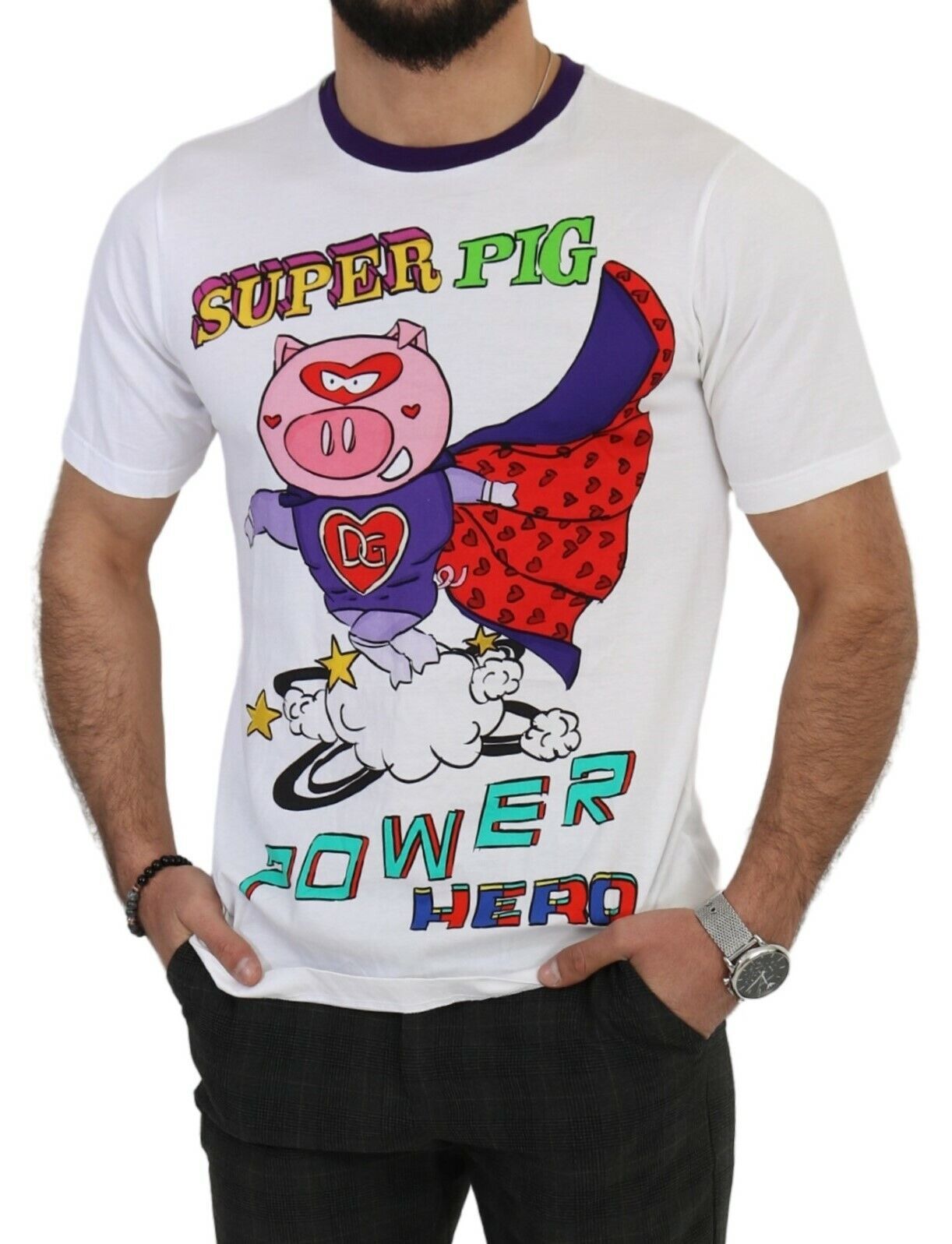 Dolce & Gabbana White Cotton Top Super Power Pig T-shirt | Regal Royce