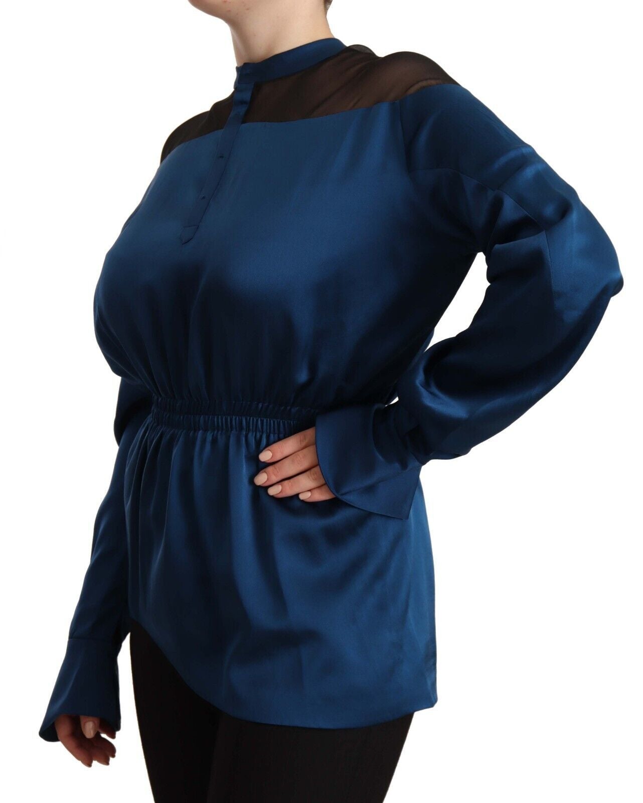 Masha Ma Blue Silk Long Sleeves Elastic Waist Top Blouse | Regal Royce