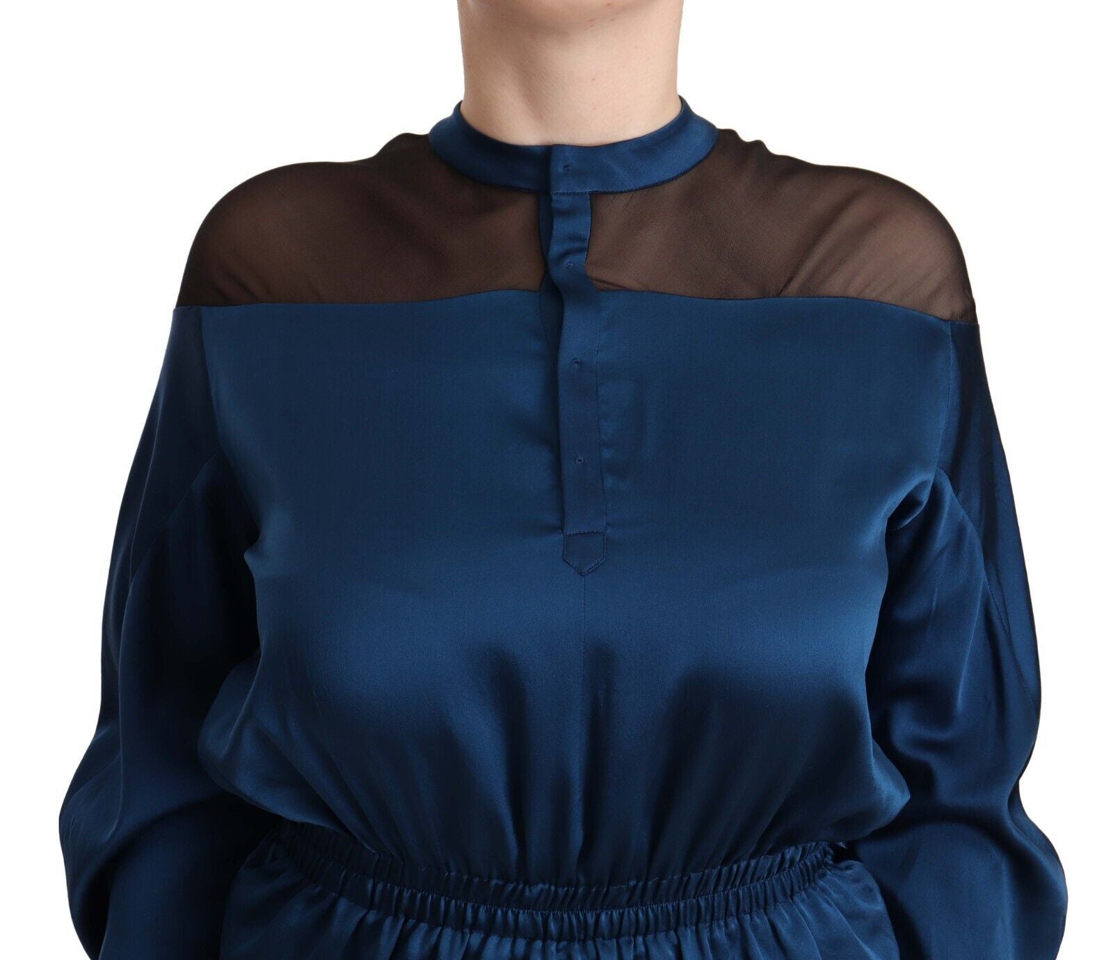 Masha Ma Blue Silk Long Sleeves Elastic Waist Top Blouse | Regal Royce