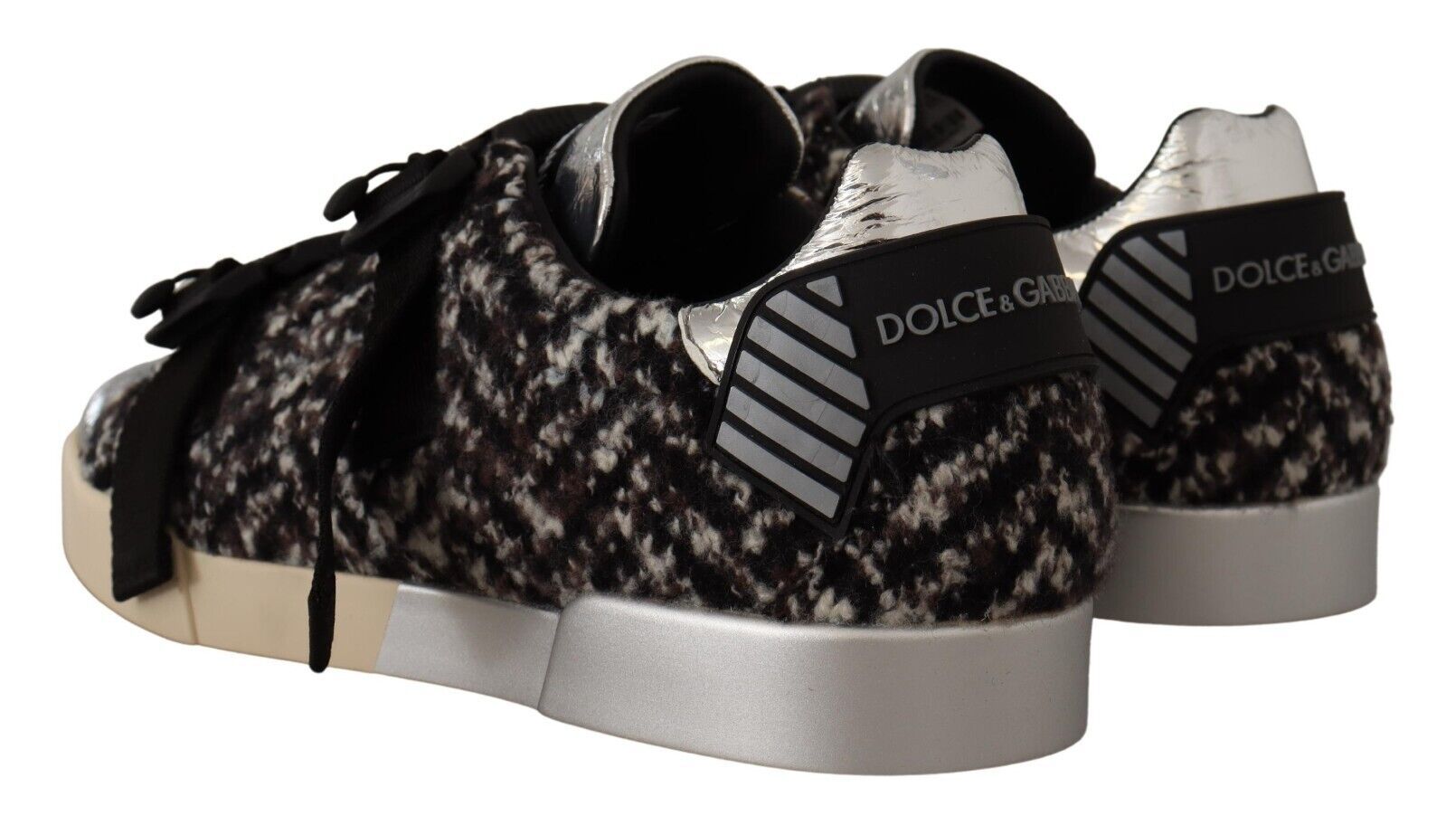 Dolce & Gabbana Silver Leather Brown Cotton Wool Sneakers Shoes | Regal Royce