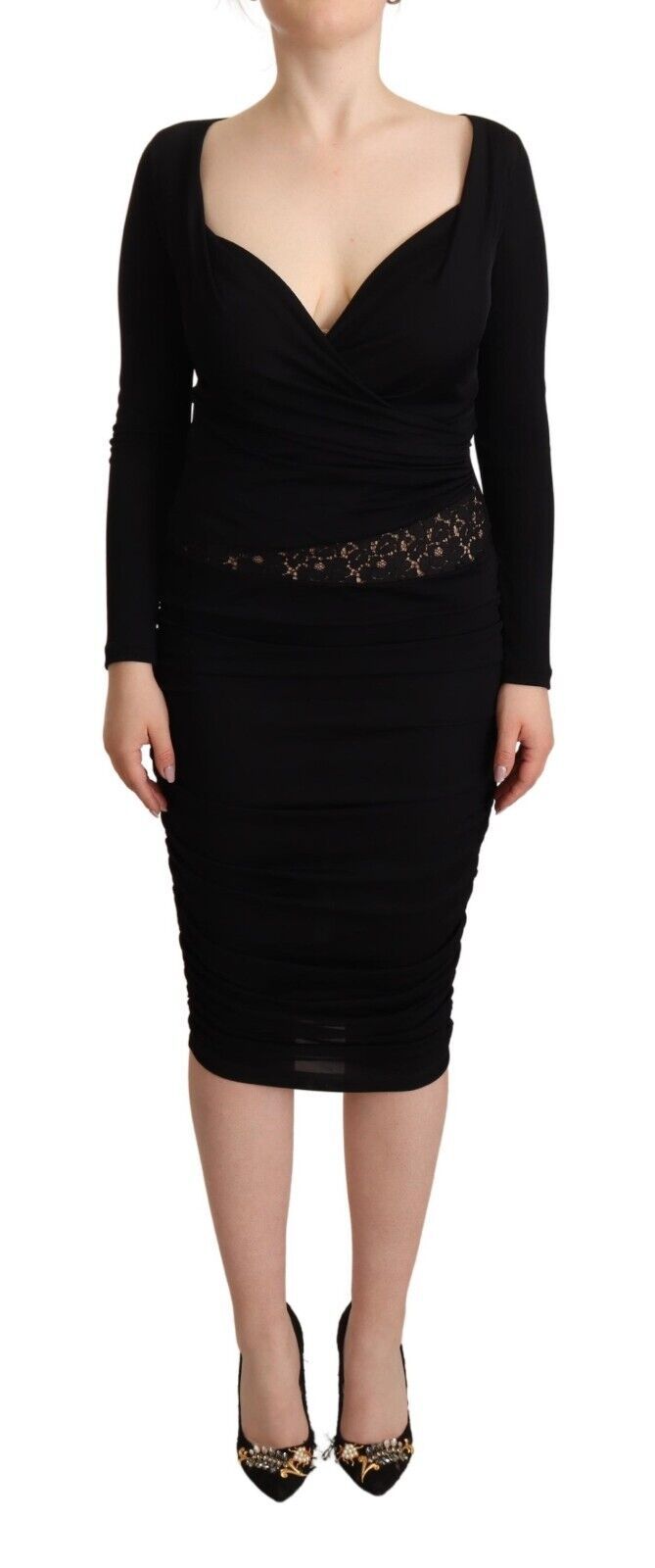 GF Ferre Black Long Sleeves Sweetheart Neck Midi Dress | Regal Royce