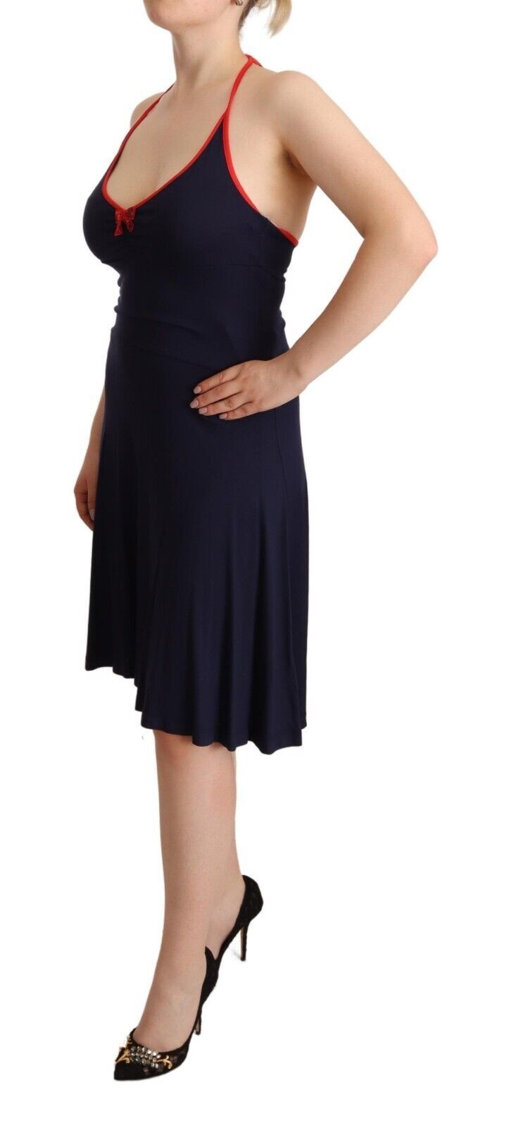 Roccobarocco Navy Blue Sleeveless Halter Sheath Midi Dress | Regal Royce